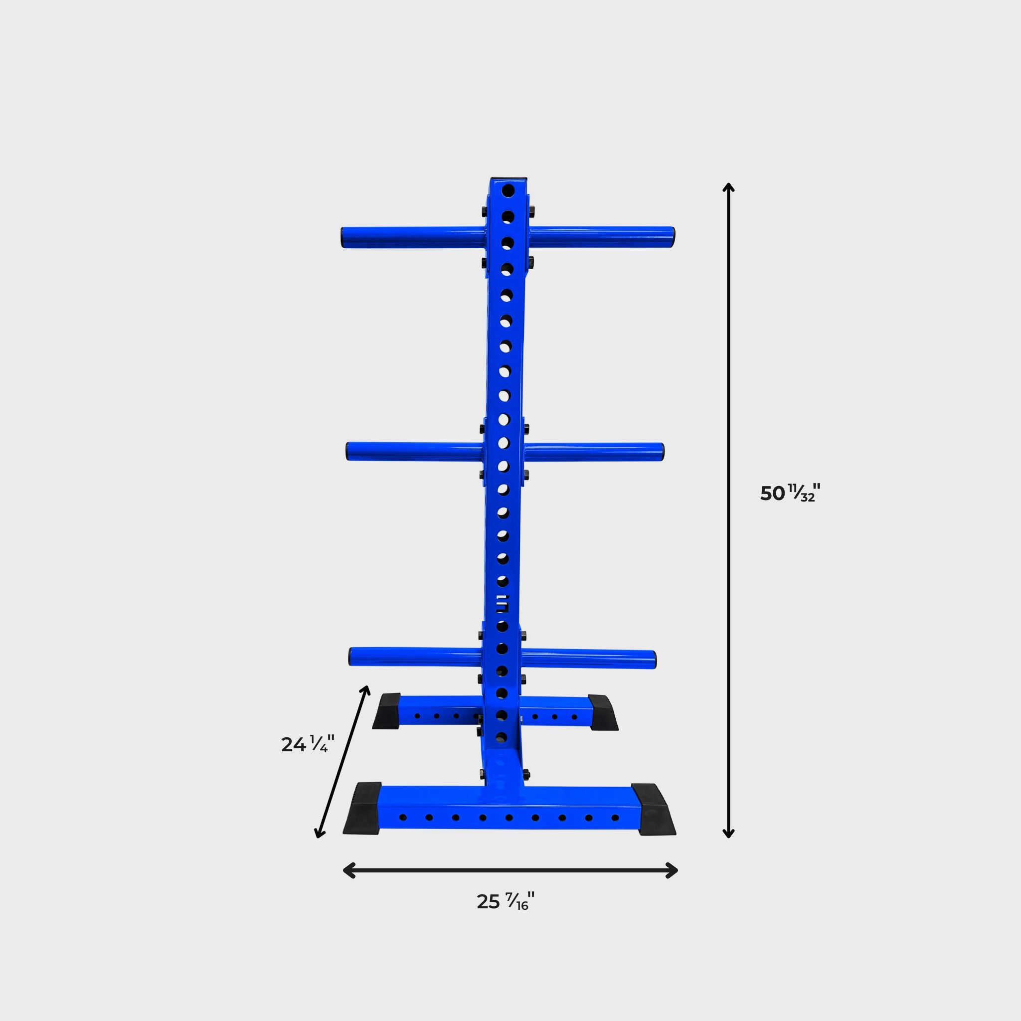 blue alpha vertical weight plate storage tree with six weight plate holders and its dimensions: height 50 11/32 inches, length 25 7/16 inches, width 24 1/4 inches