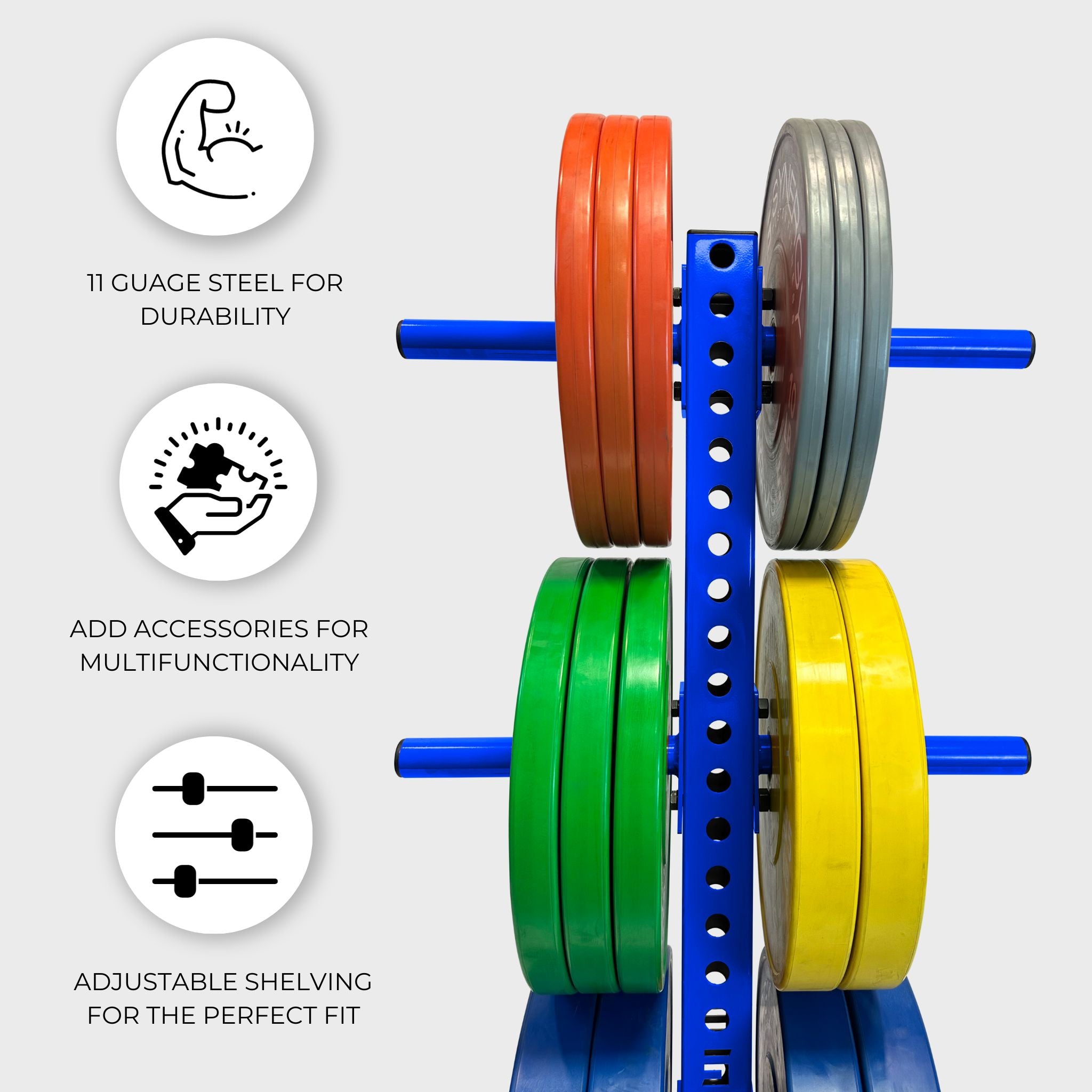 blue alpha vertical weight plate storage tree with six weight plate holders holding various weight plates and text that reads "11 gauge steel for durability, add accessories for multifunctionality, adjustable shelving for the perfect fit"