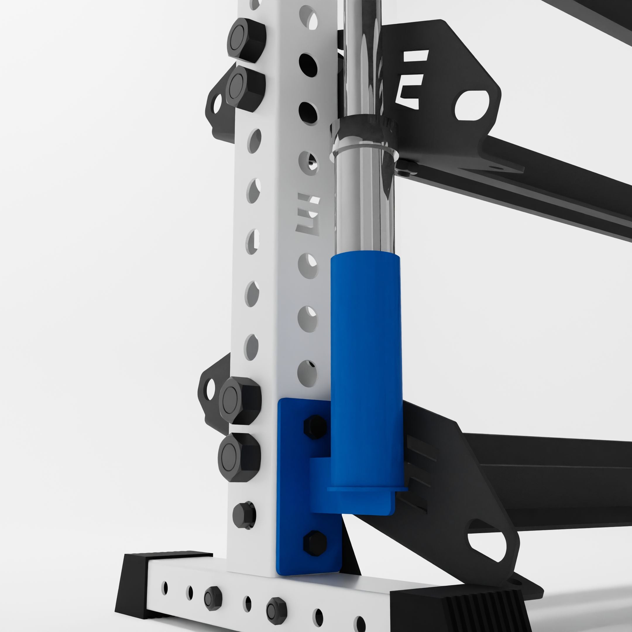 blue barbell holder attachment for a 3x3 upright attached to a horizontal dumbbell rack