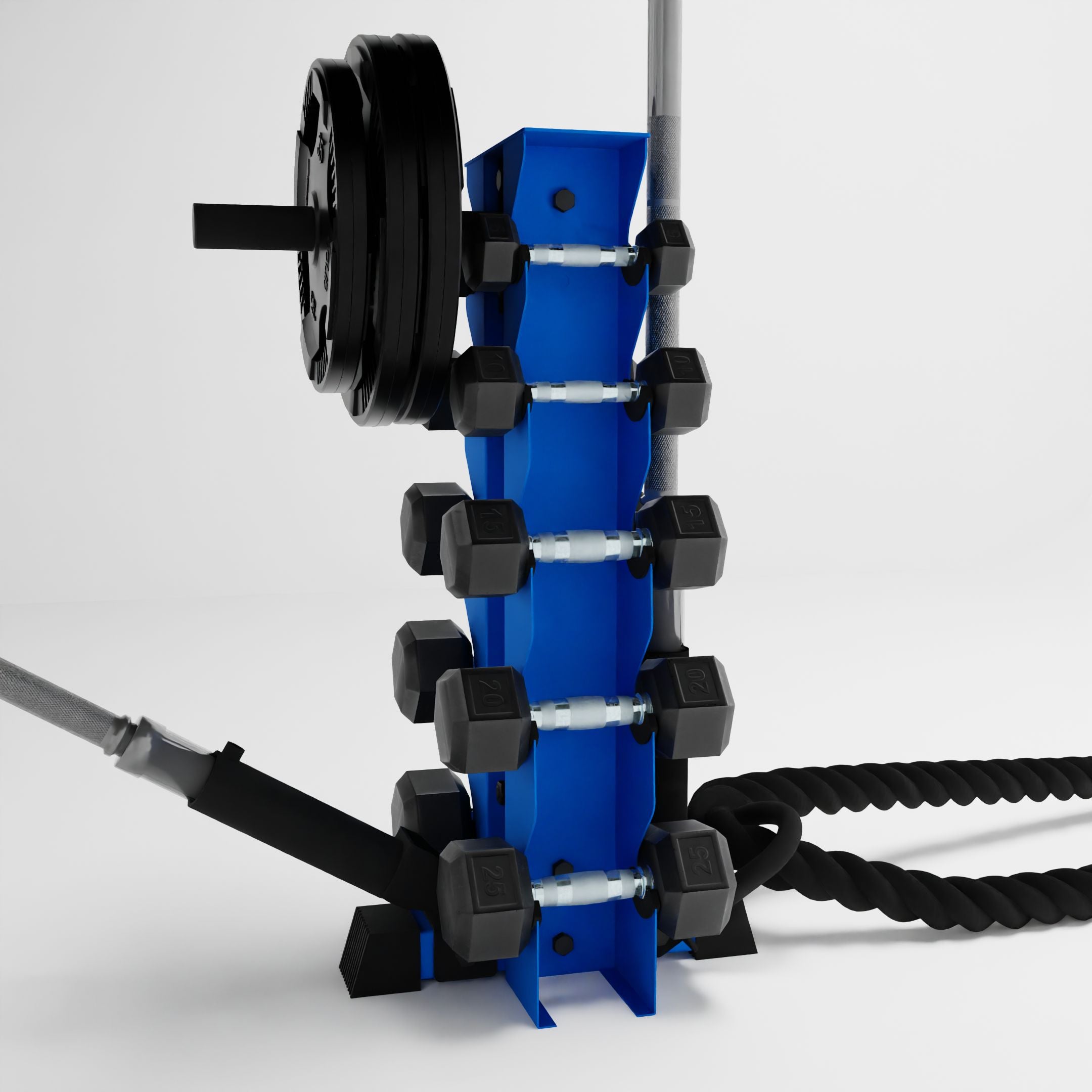 blue bravo 5-tier vertical dumbbell storage rack storing dumbbells, weight plates, barbells, and a battle rope using storage attachment accessories