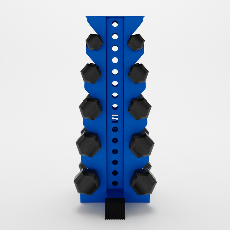 blue bravo 5-tier vertical dumbbell storage rack storing hex dumbbells