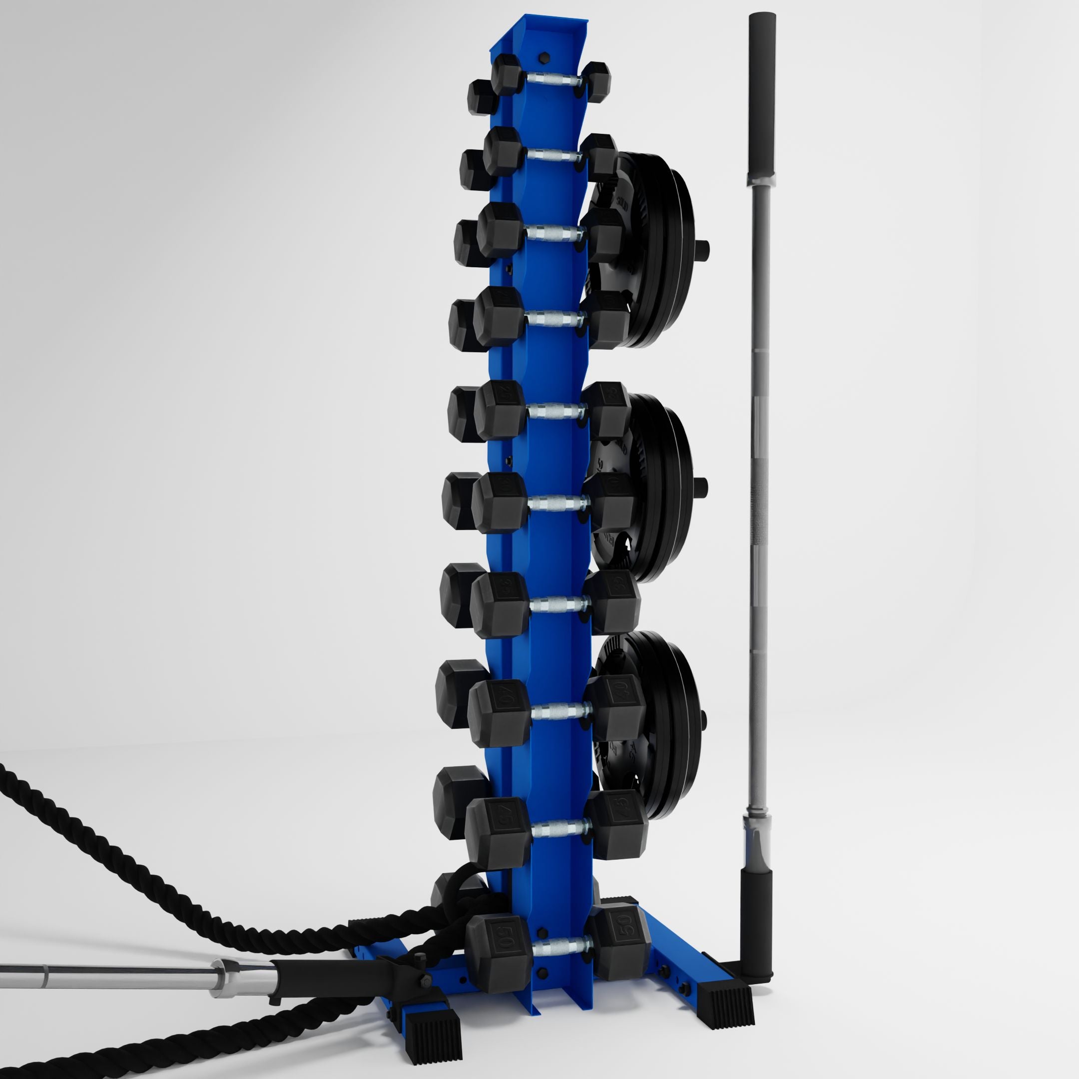 blue delta 10-tier vertical dumbbell storage rack storing dumbbells, weight plates, barbells, and a battle rope using storage attachment accessories