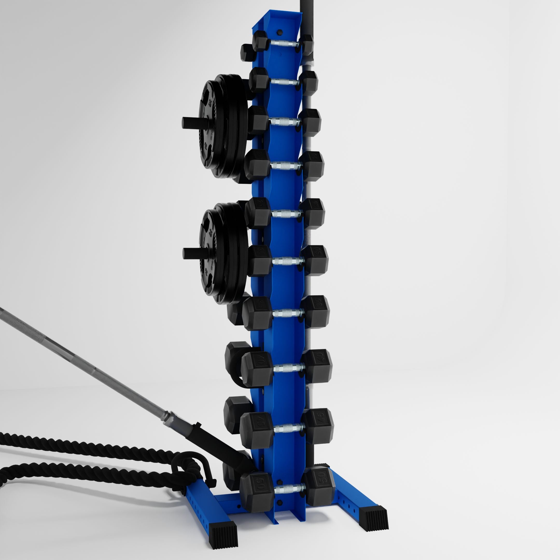 blue delta 10-tier vertical dumbbell storage rack storing dumbbells, weight plates, barbells, and a battle rope using storage attachment accessories