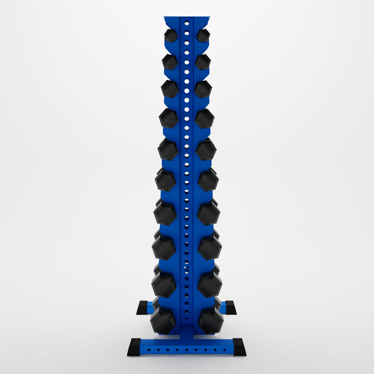 blue delta 10-tier vertical dumbbell storage rack storing hex dumbbells