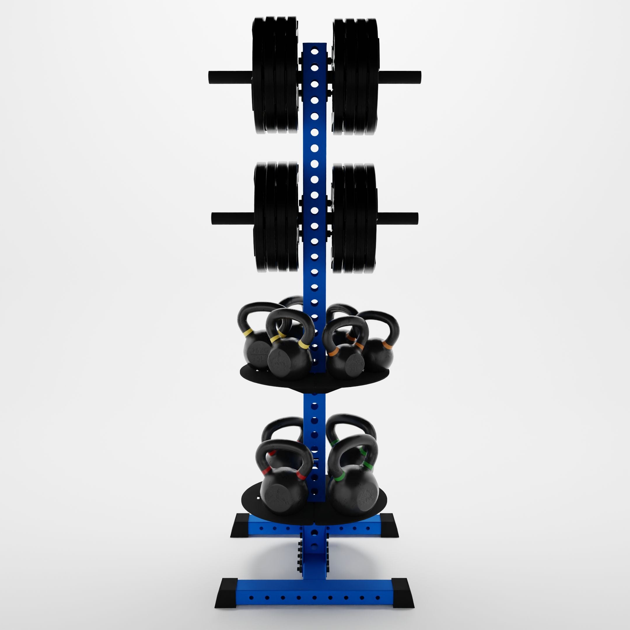 blue delta pk vertical hybrid weight plate and kettlebell storage rack storing weight plates and kettlebells