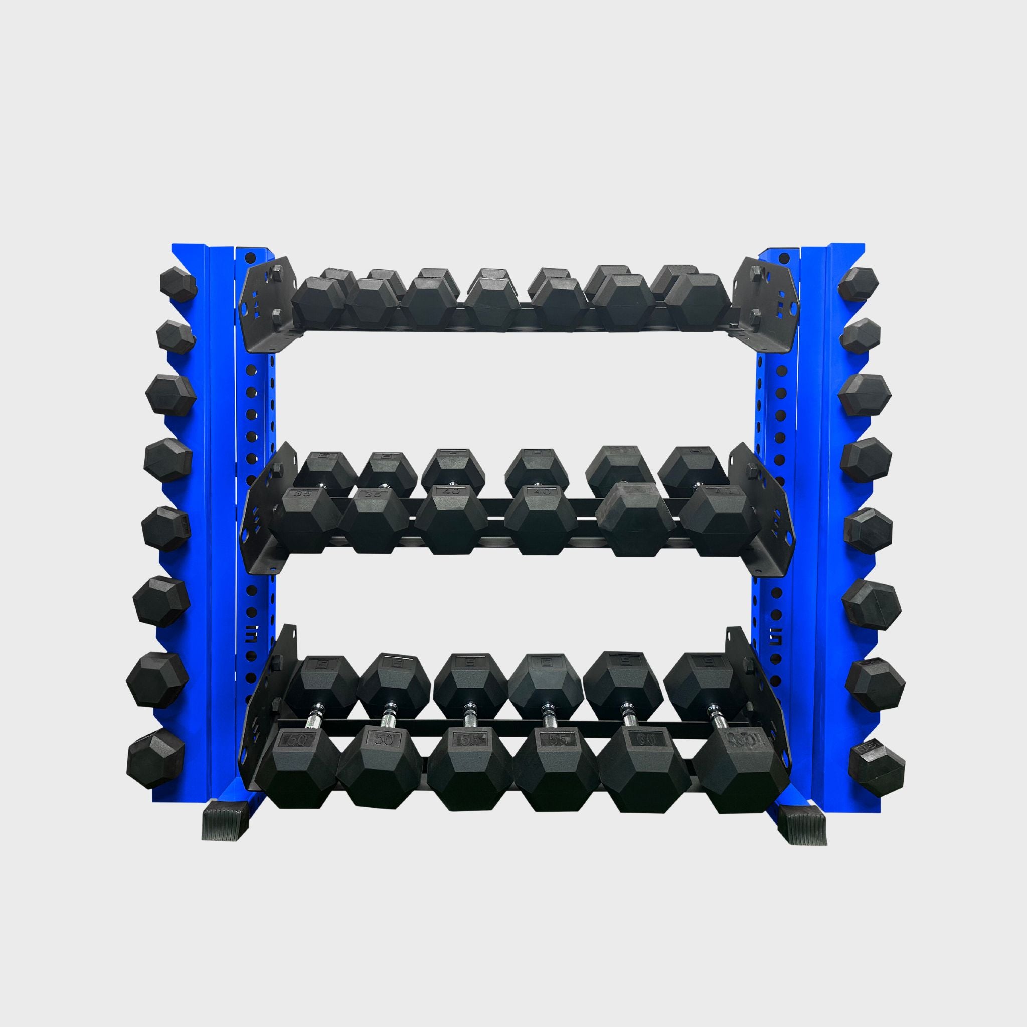 43 inch blue alpha 3-tier horizontal dumbbell rack loaded with hex dumbbells and vertical add-ons