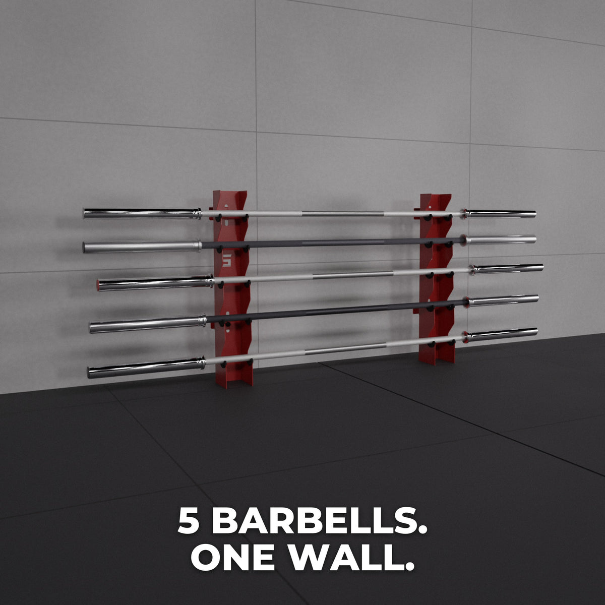 Two Bravo 5-tier wall mounts holding 5 barbells on one wall