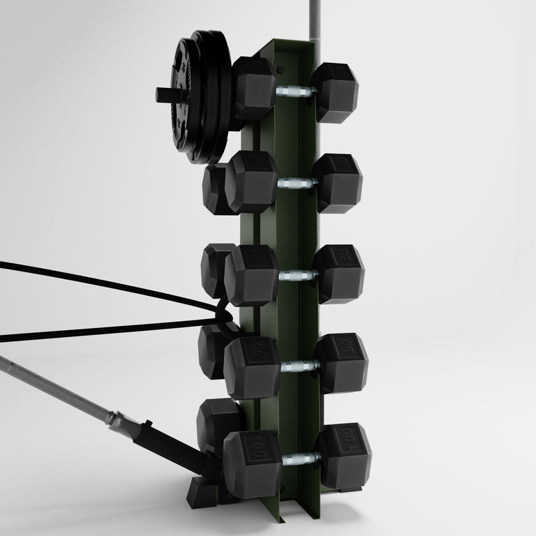 green alpha elite vertical dumbbell storage rack with accessories holding dumbbells, weight plates, barbells, and a resistance band