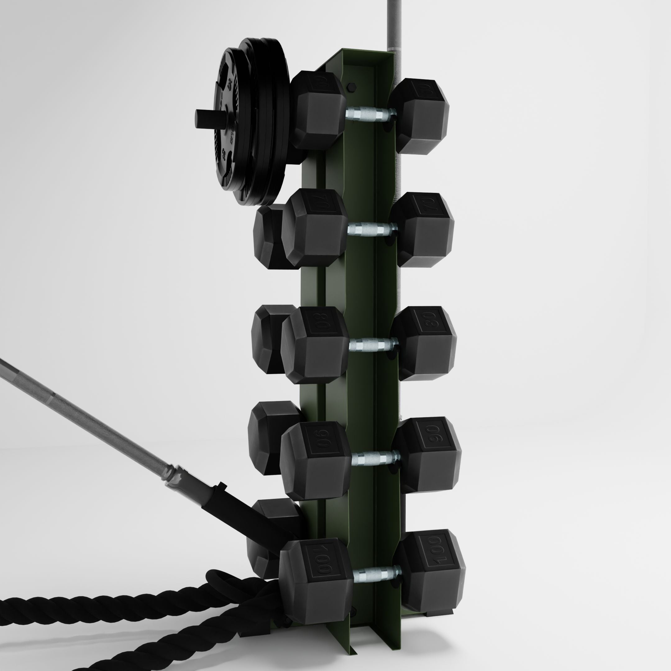 green alpha elite vertical dumbbell storage rack with accessories holding dumbbells, weight plates, barbells, and a battle rope