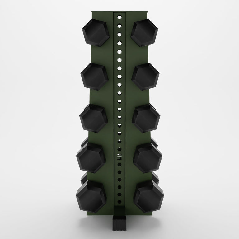 green alpha elite vertical dumbbell storage rack storing hex dumbbells