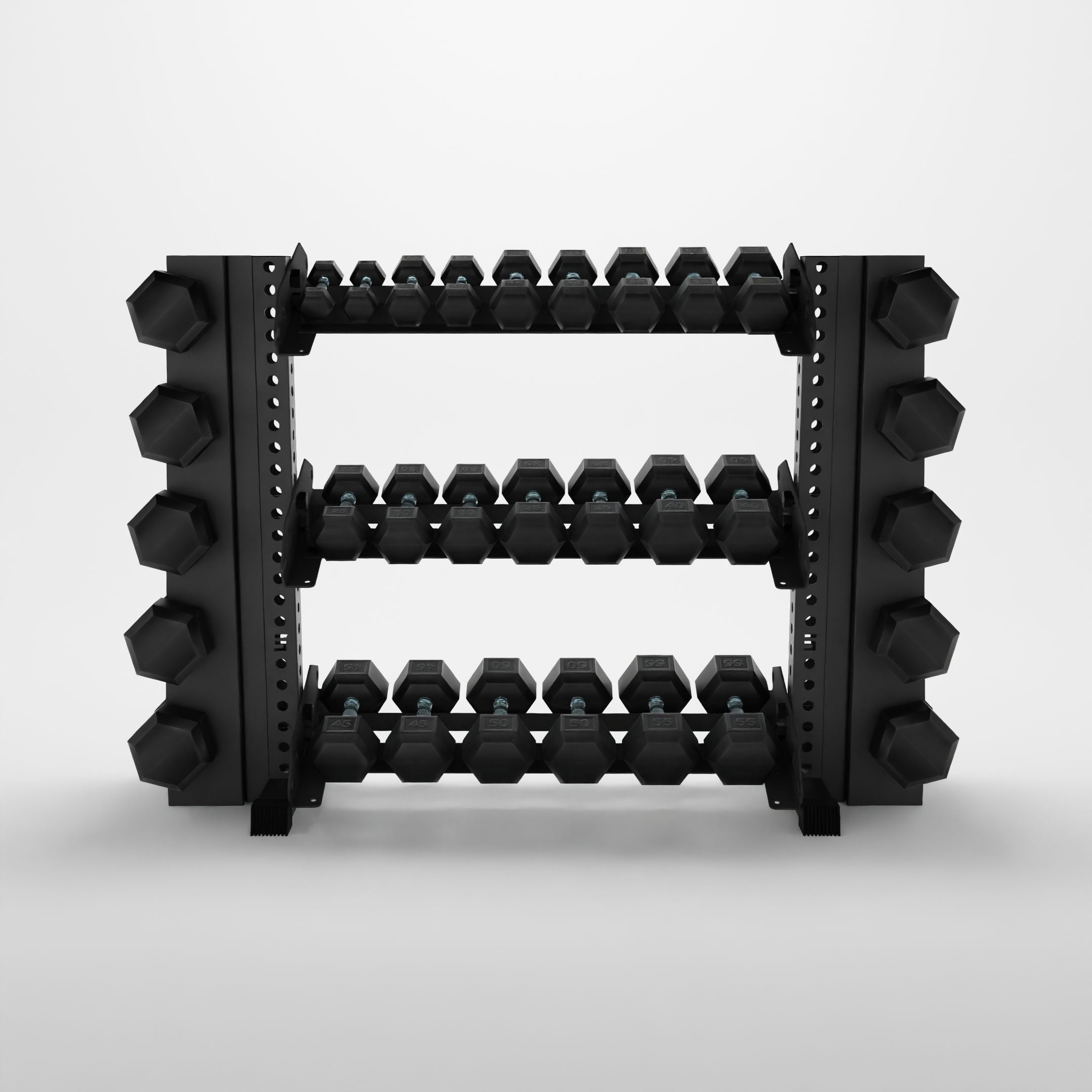 grey 43-inch alpha 3-tier horizontal dumbbell rack with elite vertical add-ons storing hex dumbbells