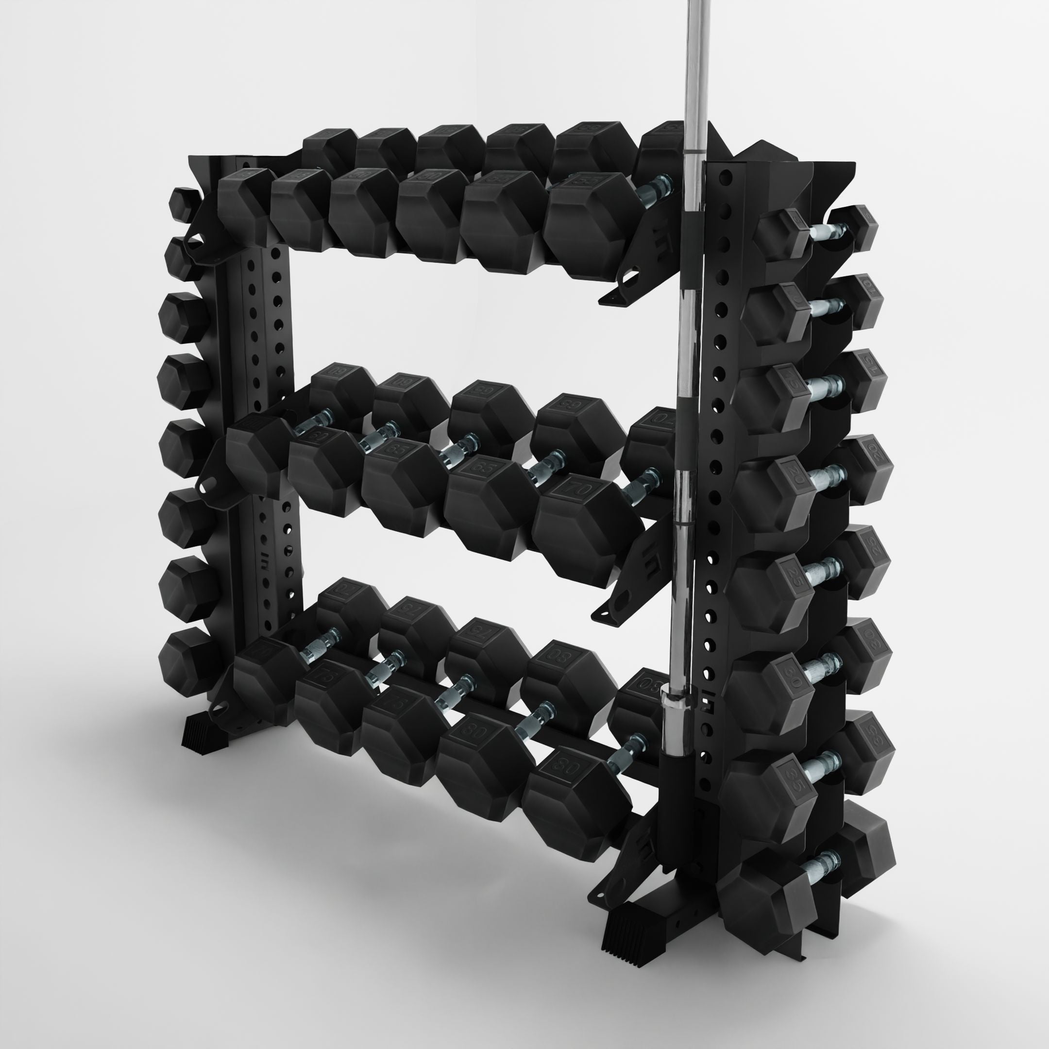 grey 43-inch alpha 3-tier horizontal dumbbell rack with vertical add-ons storing dumbbells and a barbell using a storage attachment accessory