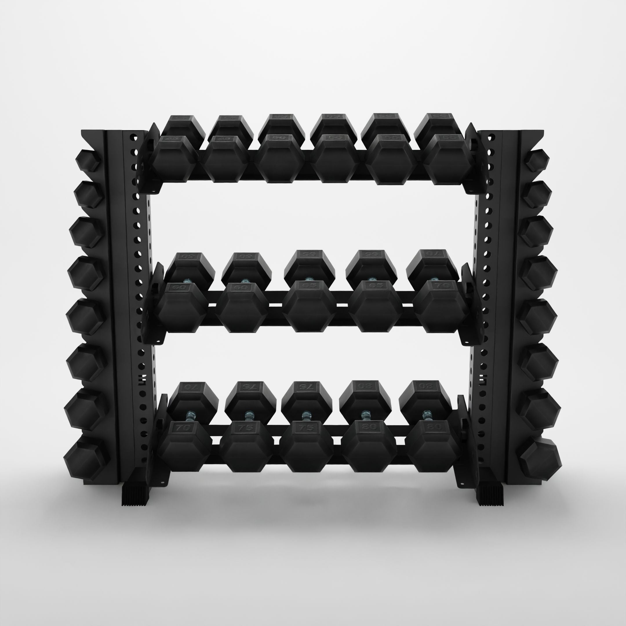 grey 43-inch alpha 3-tier horizontal dumbbell rack with vertical add-ons storing hex dumbbells