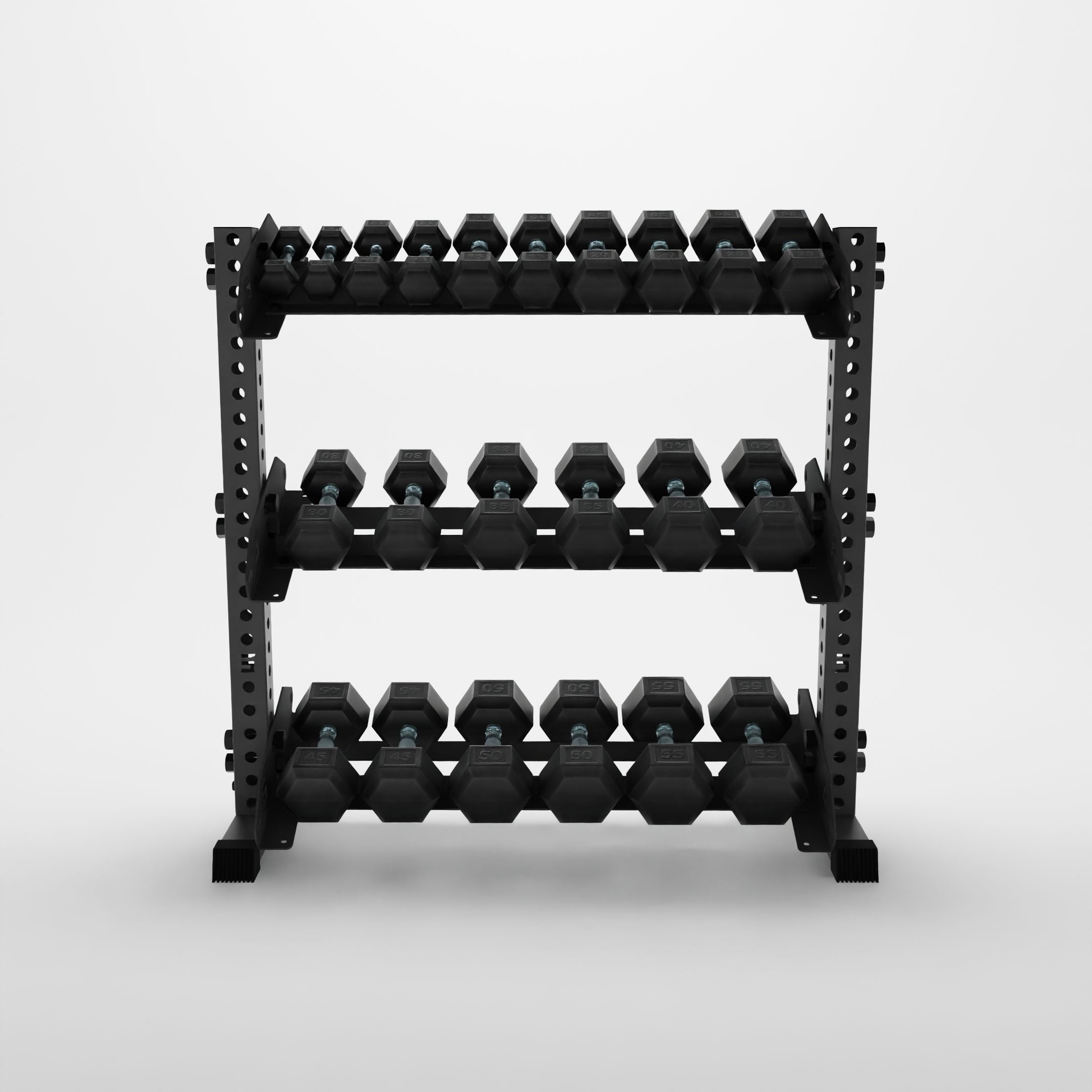 grey 43-inch alpha 3-tier horizontal dumbbell rack storing hex dumbbells