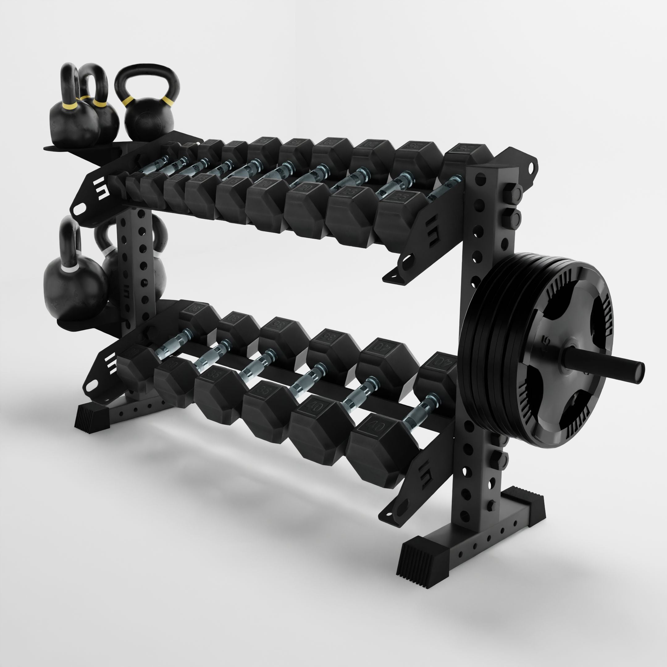 grey 43-inch bravo 2-tier horizontal dumbbell rack storing dumbbells, weight plates, and kettlebells using storage attachment accessories