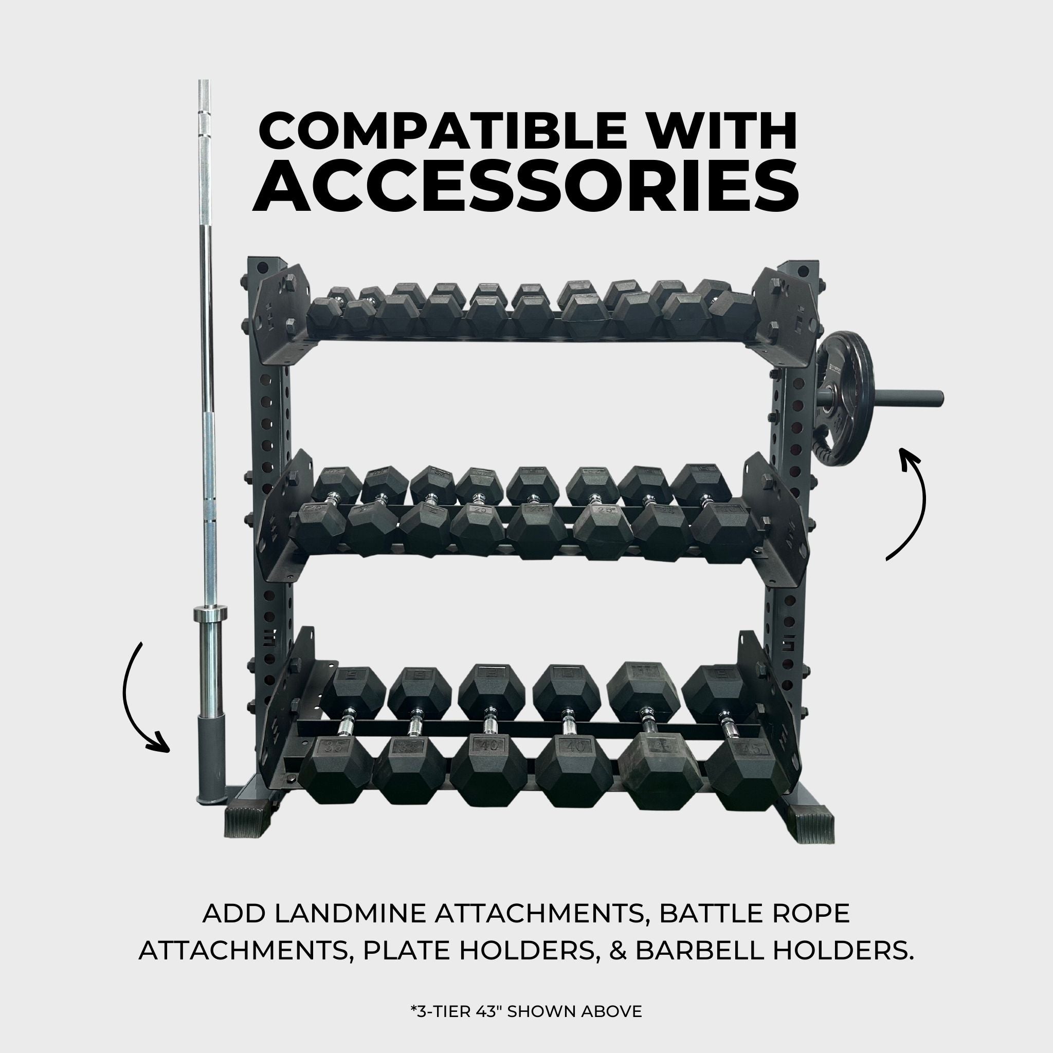 grey 3-tier horizontal dumbbell rack holding hex dumbbells, a barbell in a barbell holder attachment accessory, and a weight plate on a weight plate holder attachment accessory with text reading "compatible with accessories: add landmine attachments, battle rope attachments, plate holders, and barbell holders"