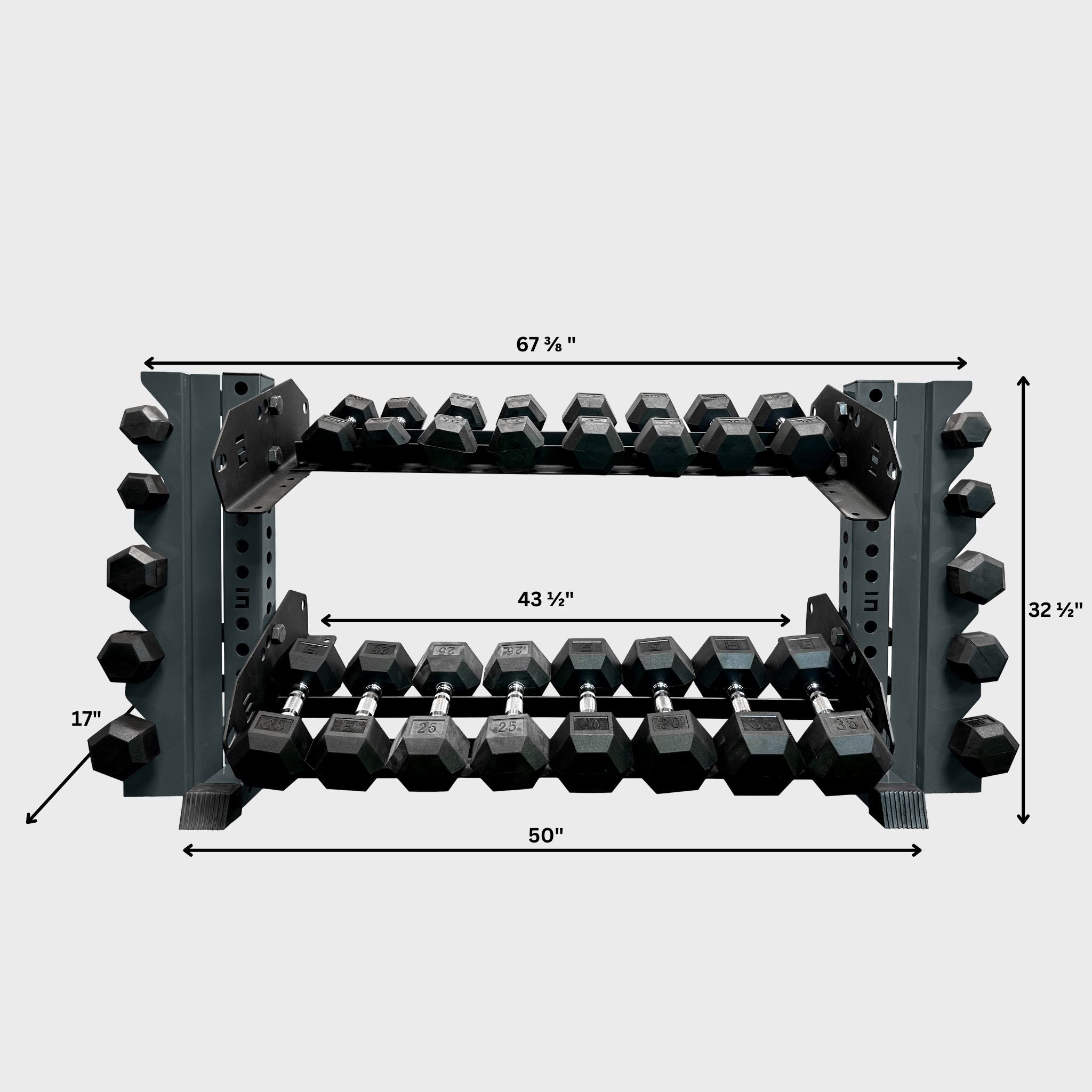 grey 43-inch bravo 2-tier horizontal dumbbell storage rack loaded with hex dumbbells and its product dimensions