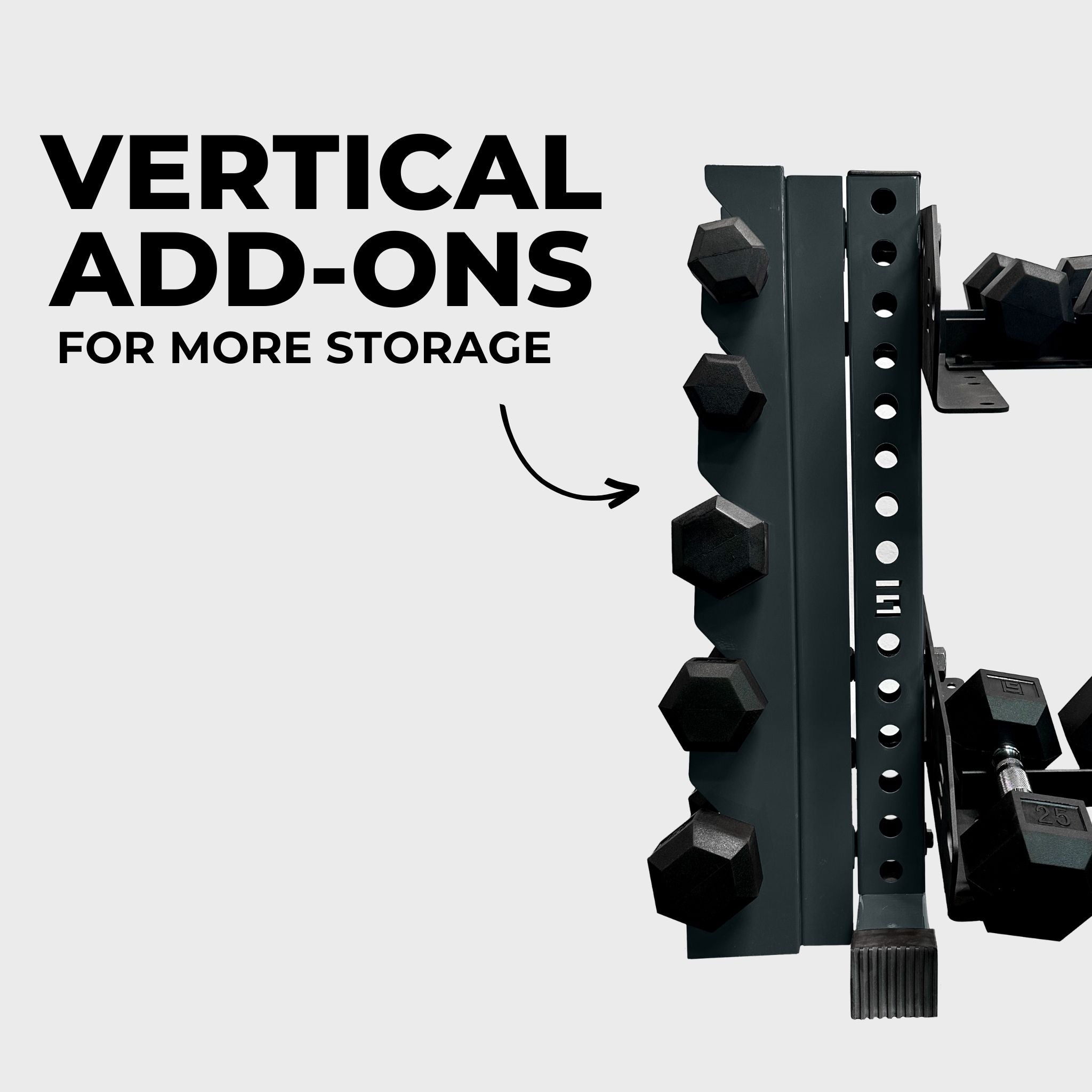 grey 43-inch bravo 2-tier horizontal dumbbell storage rack holding hex dumbbells with a vertical add-on and text reading "vertical add-ons for more storage"