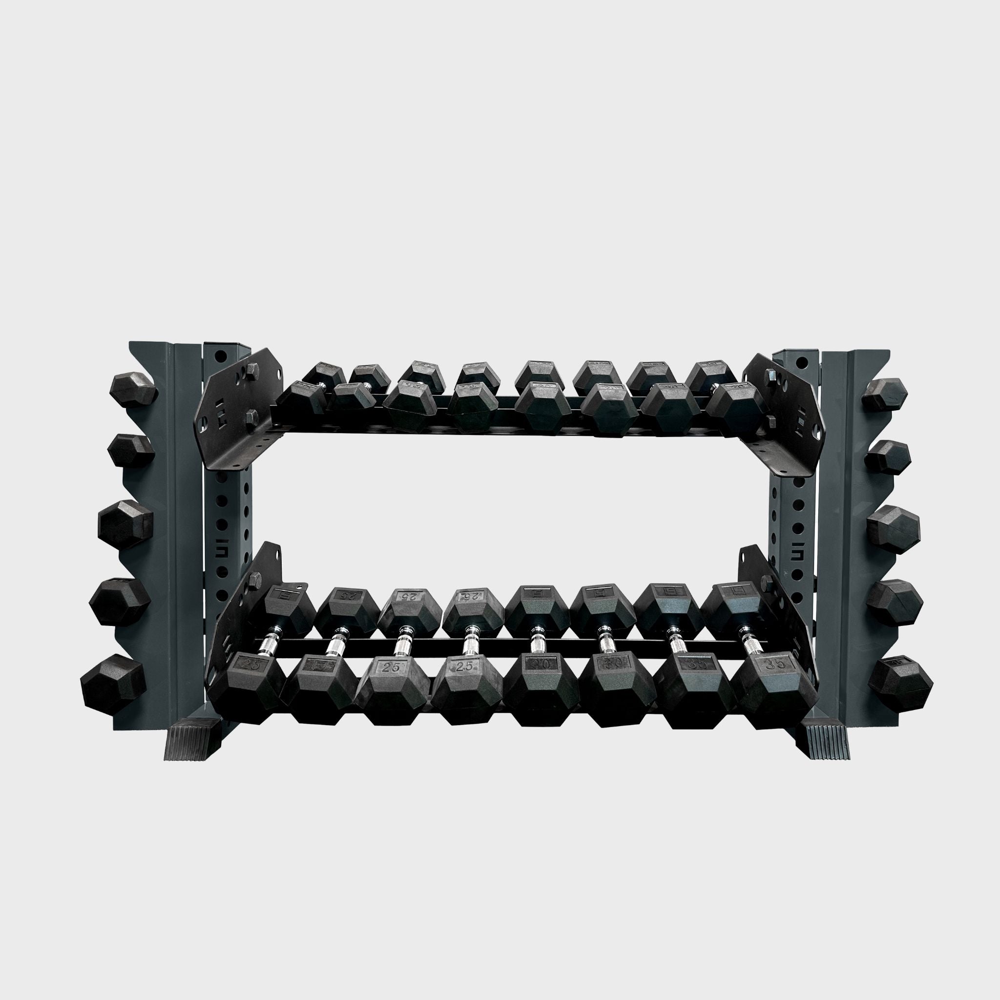 grey 43-inch bravo 2-tier horizontal dumbbell storage rack loaded with hex dumbbells