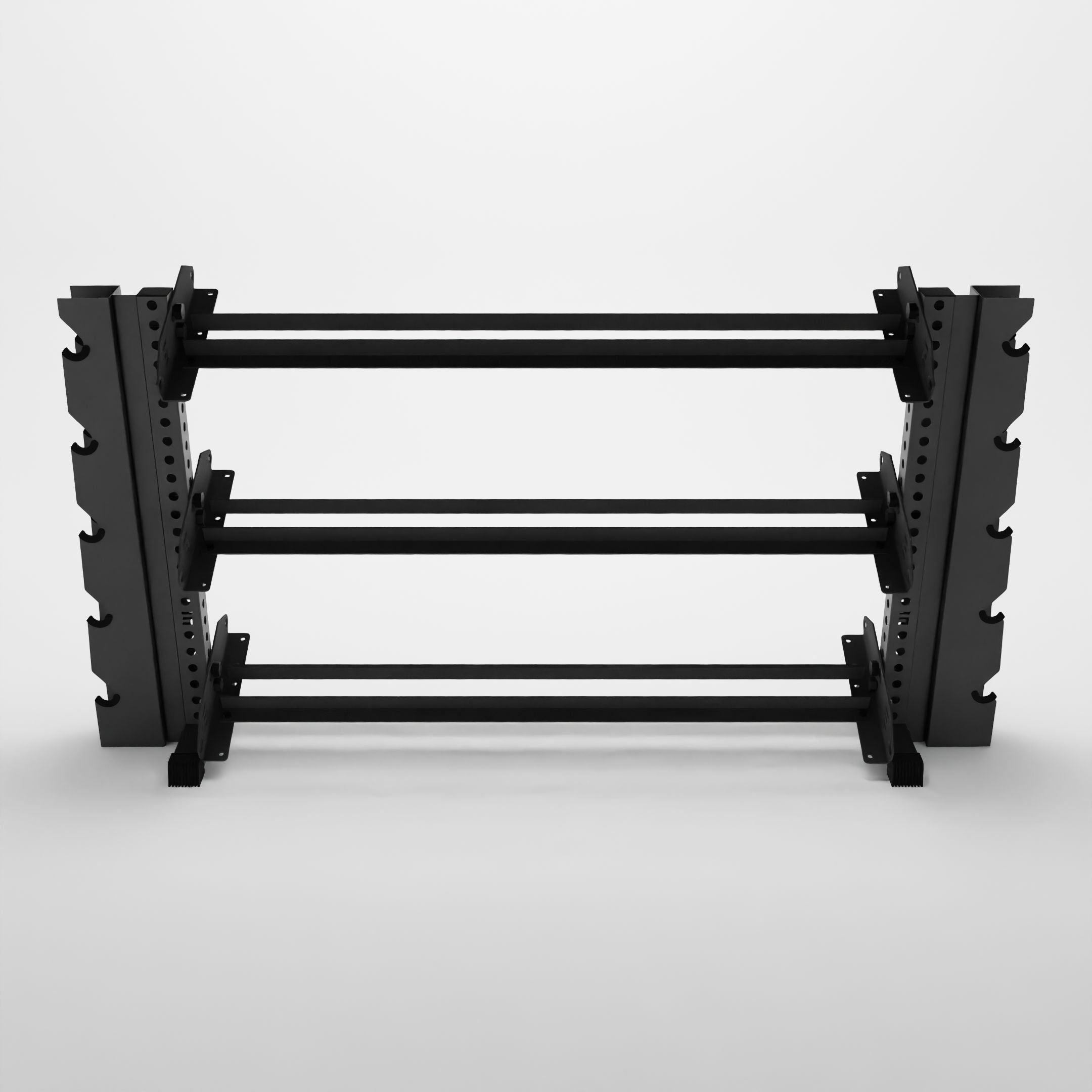 grey 70-inch alpha 3-tier horizontal dumbbell rack with elite vertical add-ons