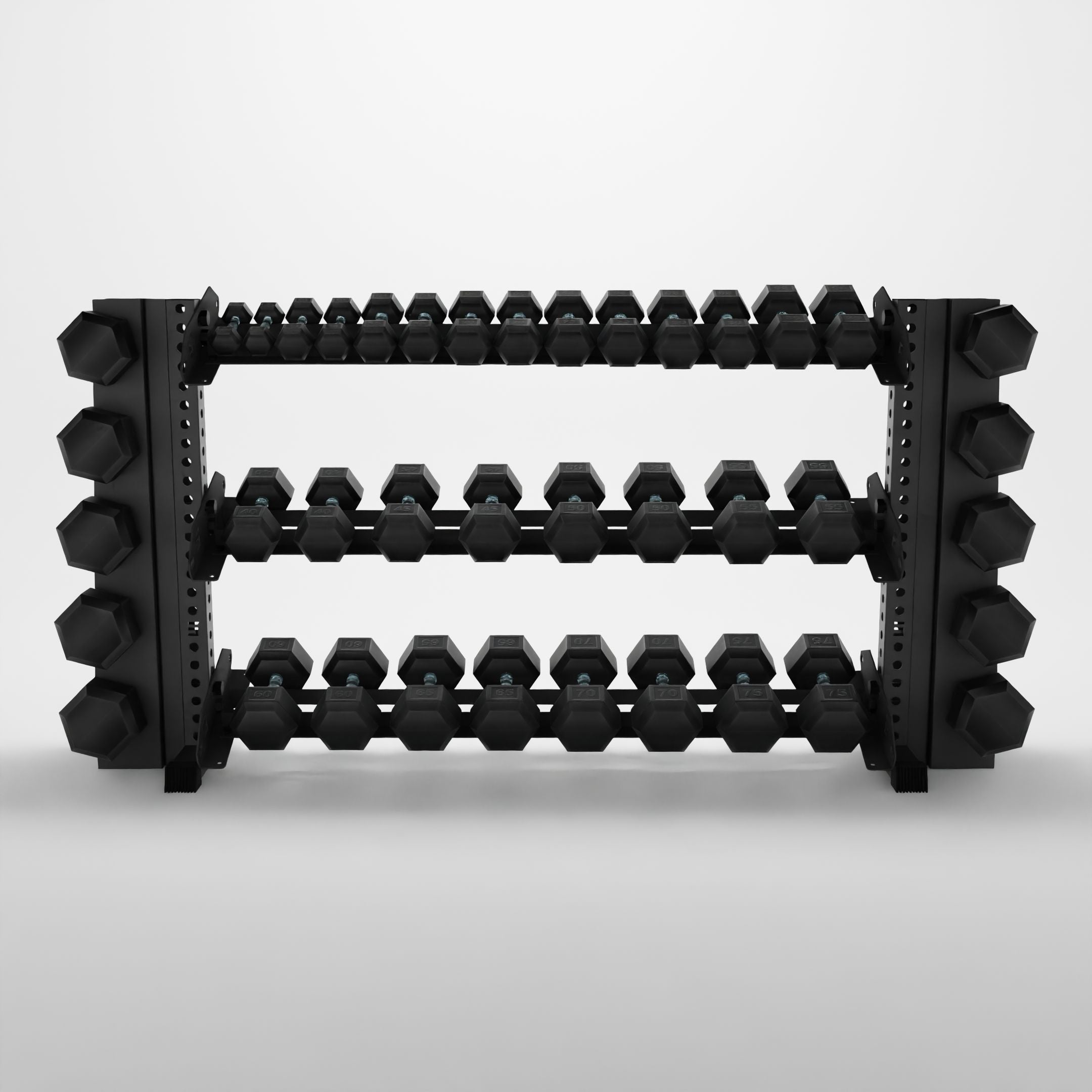 grey 70-inch alpha 3-tier horizontal dumbbell rack with elite vertical add-ons storing hex dumbbells