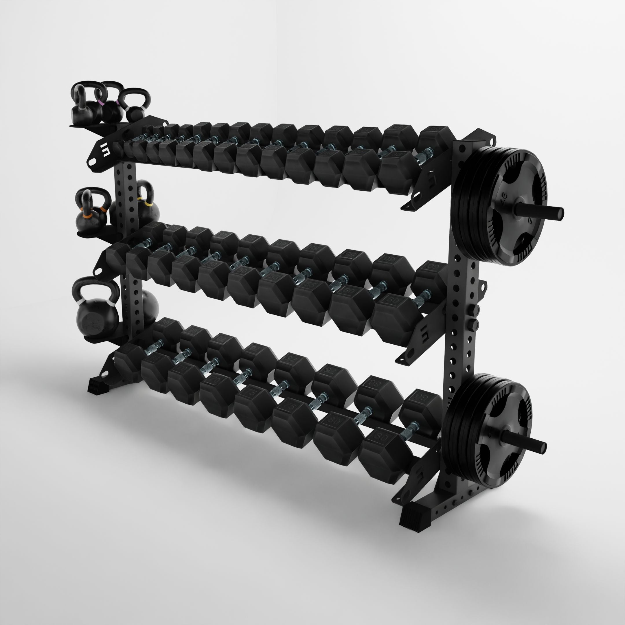 grey 70-inch alpha 3-tier horizontal dumbbell rack storing dumbbells, weight plates, and kettlebells using storage attachment accessories