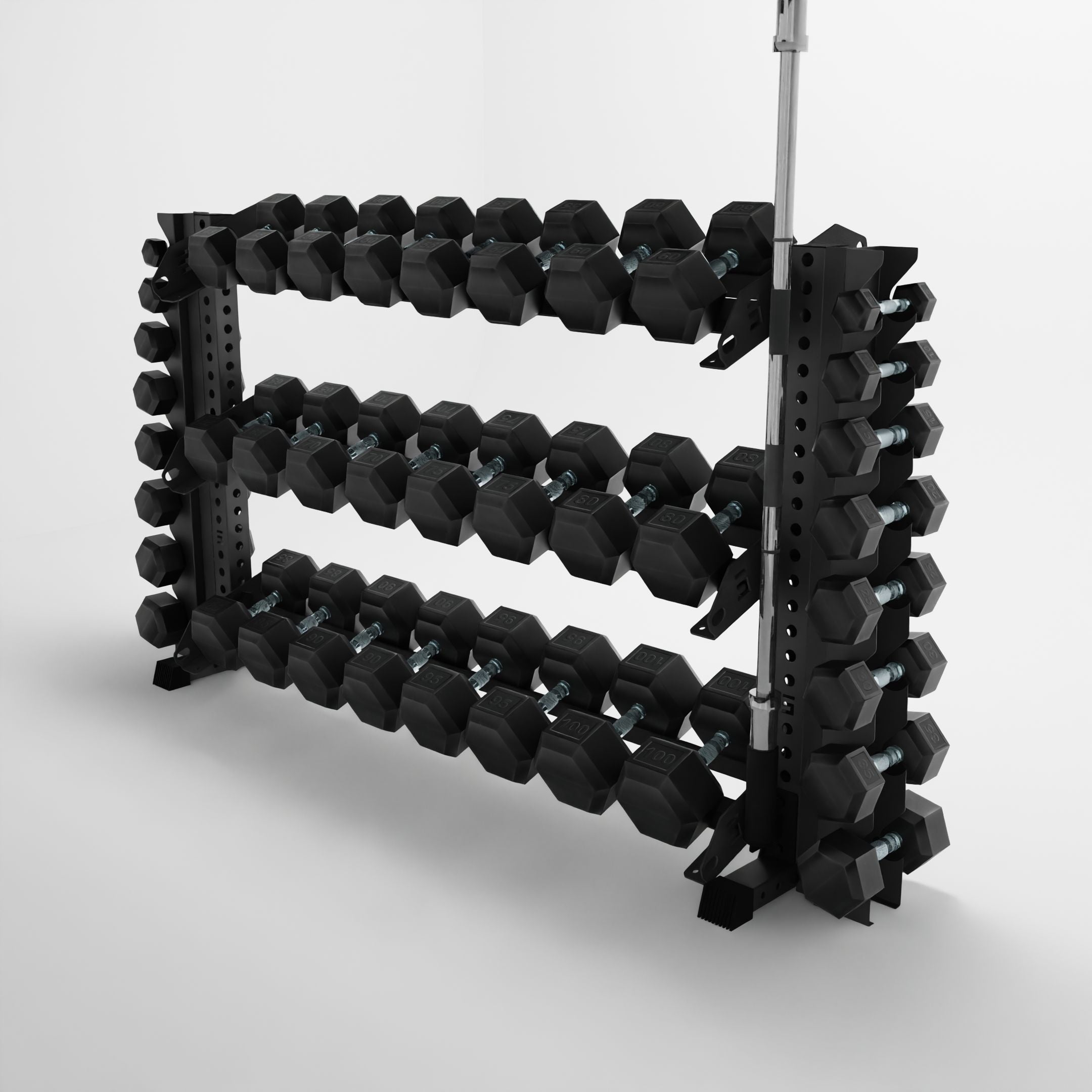 grey 70-inch alpha 3-tier horizontal dumbbell with vertical add-ons storing dumbbells and a barbell using a storage attachment accessory