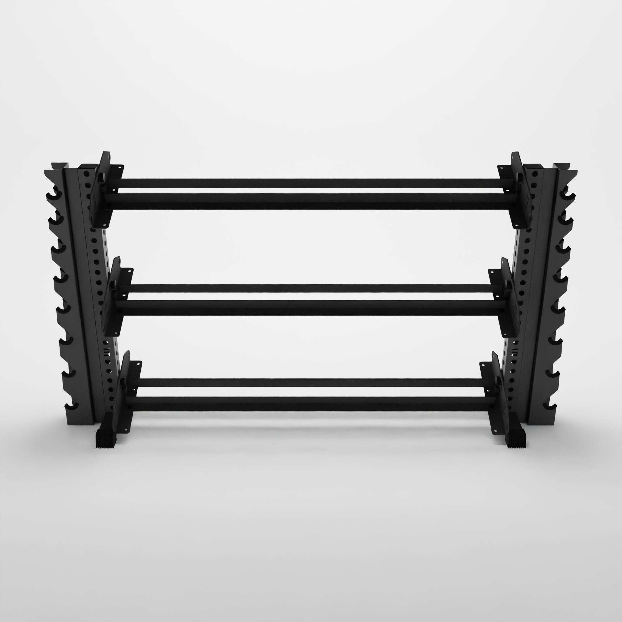 grey 70-inch alpha 3-tier horizontal dumbbell rack with vertical add-ons