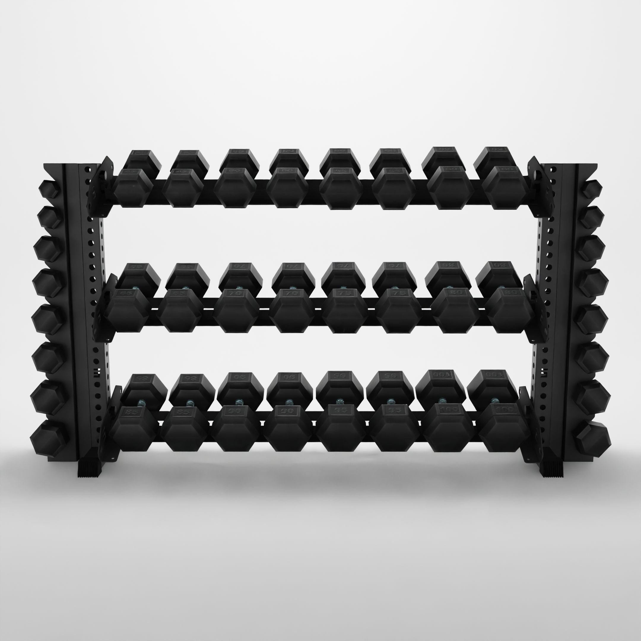 grey 70-inch alpha 3-tier horizontal dumbbell rack with vertical add-ons storing hex dumbbells