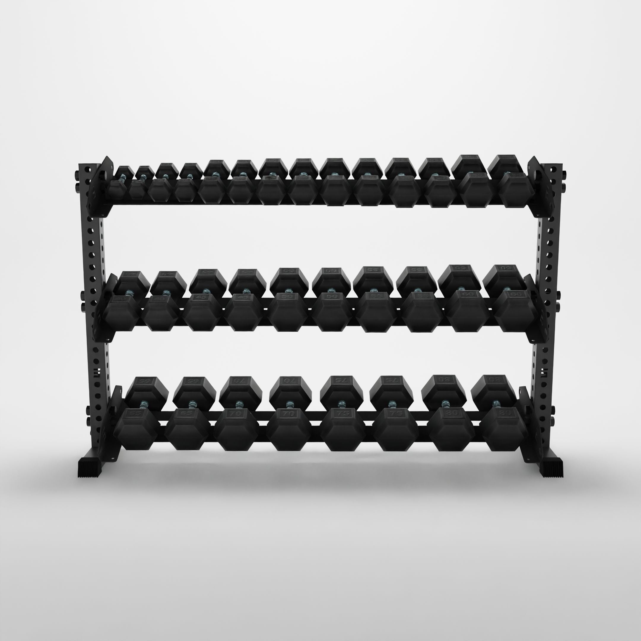 grey 70-inch alpha 3-tier horizontal dumbbell rack storing hex dumbbells