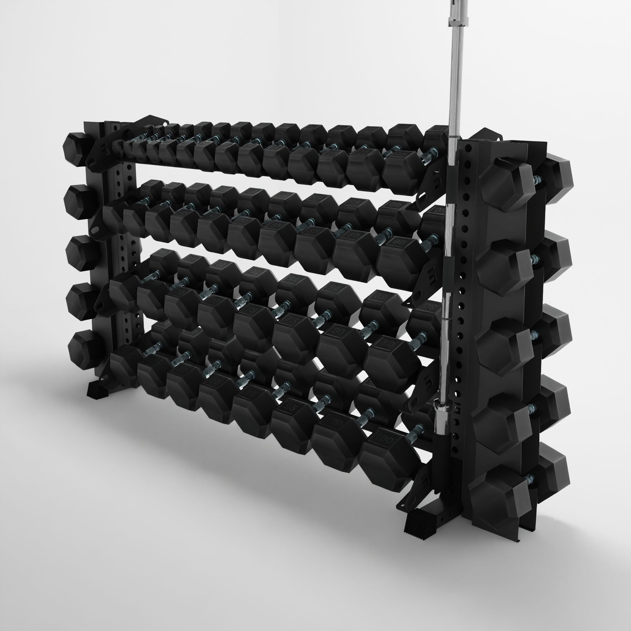 grey 70-inch alpha 4-tier horizontal dumbbell rack with elite vertical add-ons storing hex dumbbells and a barbell using a storage attachment accessory