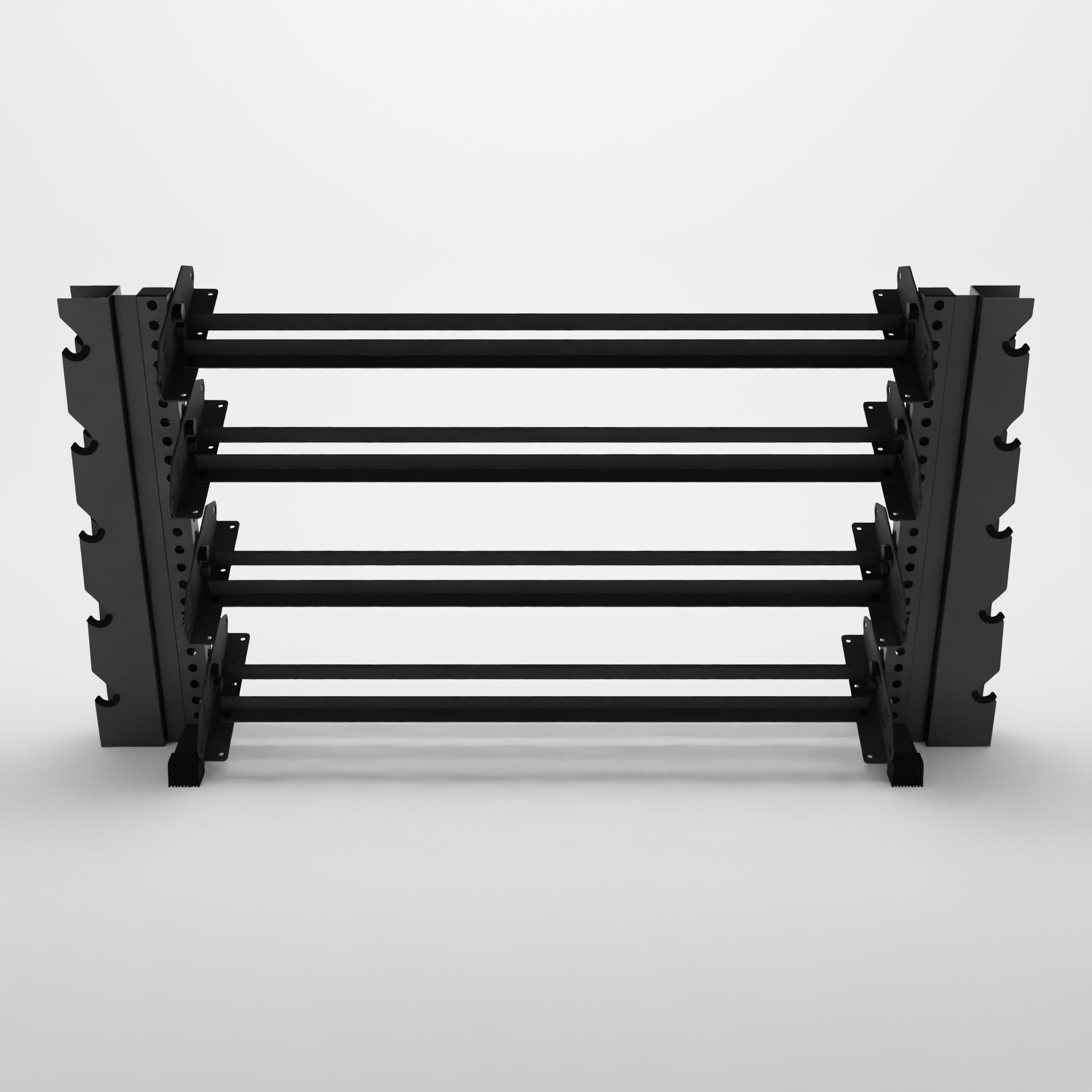 grey 70-inch alpha 4-tier horizontal dumbbell rack with elite vertical add-ons