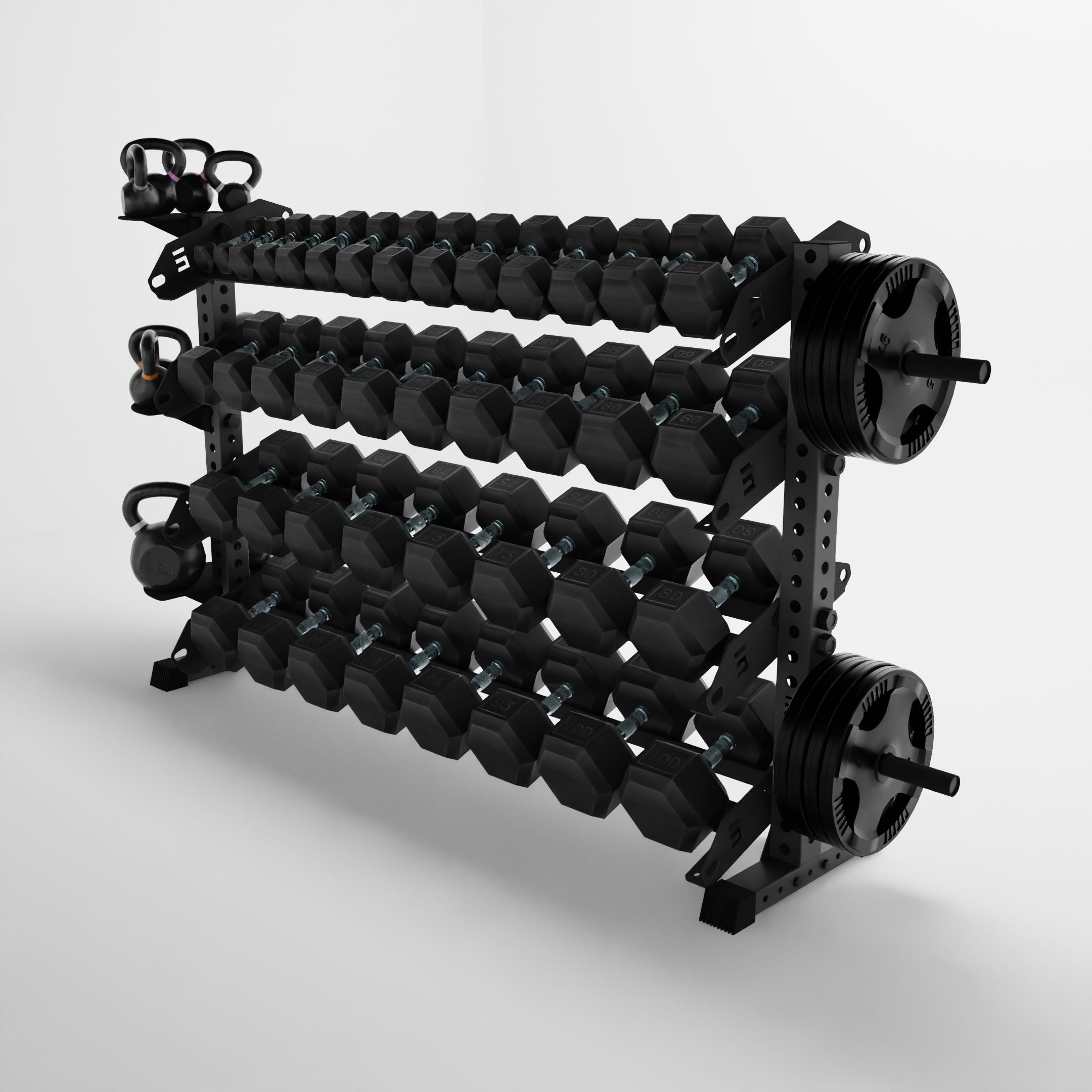 grey 70-inch alpha 4-tier horizontal dumbbell rack storing dumbbells, weight plates, and kettlebells using storage attachment accessories