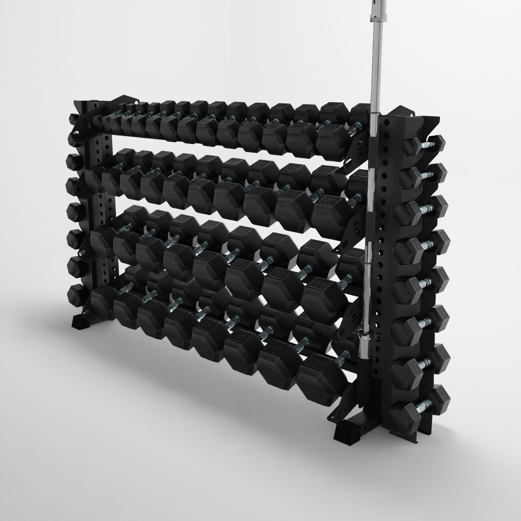 grey 70-inch alpha 4-tier horizontal dumbbell rack with vertical add-ons storing hex dumbbells and a barbell using a storage attachment accessory