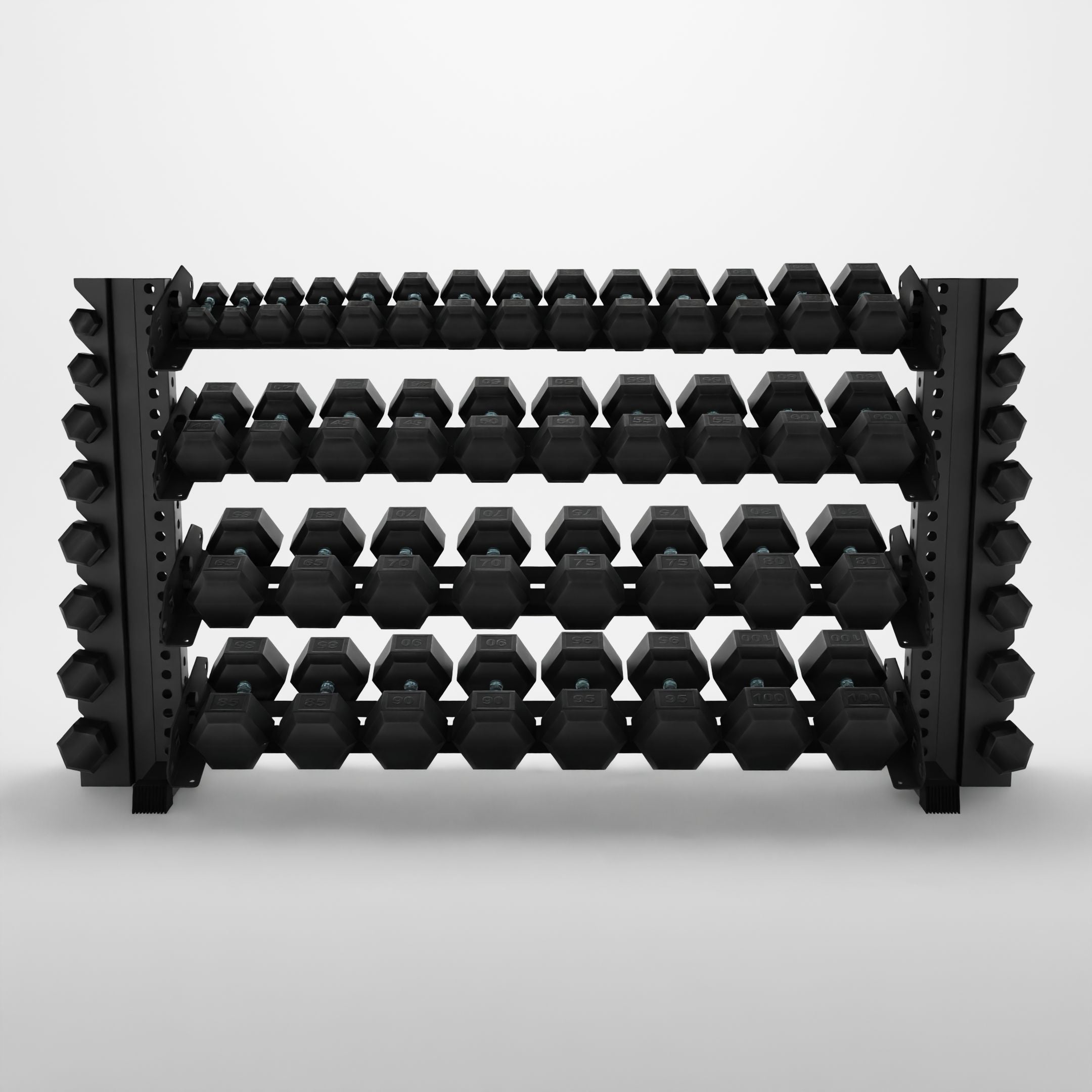 grey 70-inch alpha 4-tier horizontal dumbbell rack with vertical add-ons storing hex dumbbells