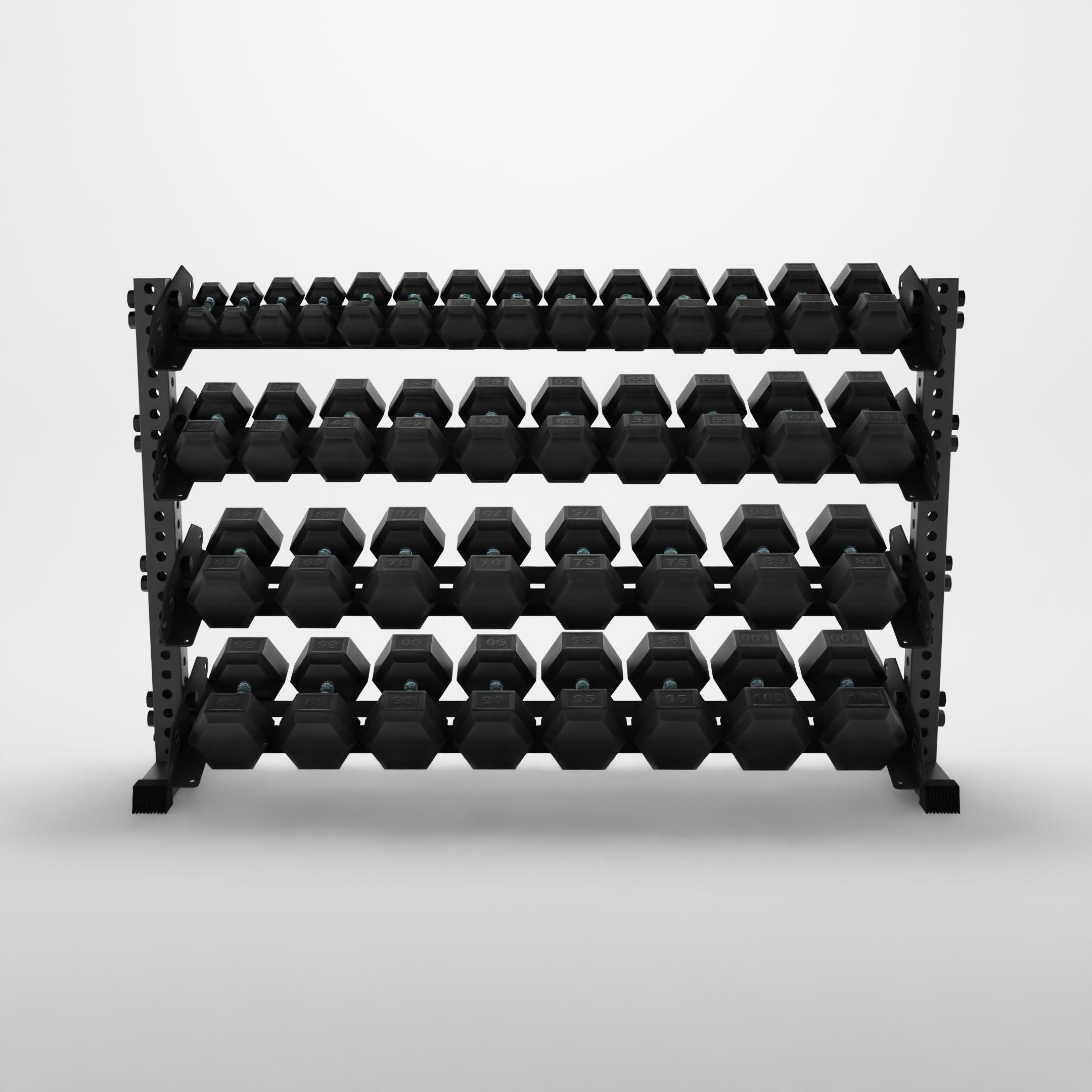 grey 70-inch alpha 4-tier horizontal dumbbell rack storing hex dumbbells