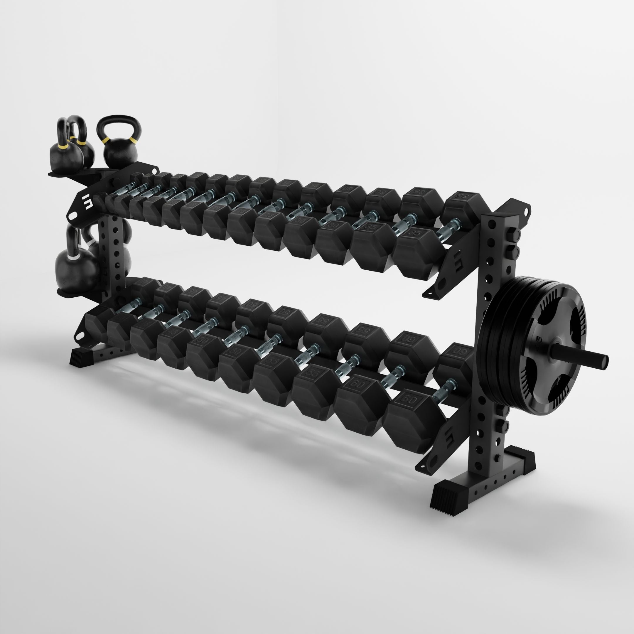 grey 70-inch bravo 2-tier horizontal dumbbell rack storing dumbbells, weight plates, and kettlebells using storage attachment accessories