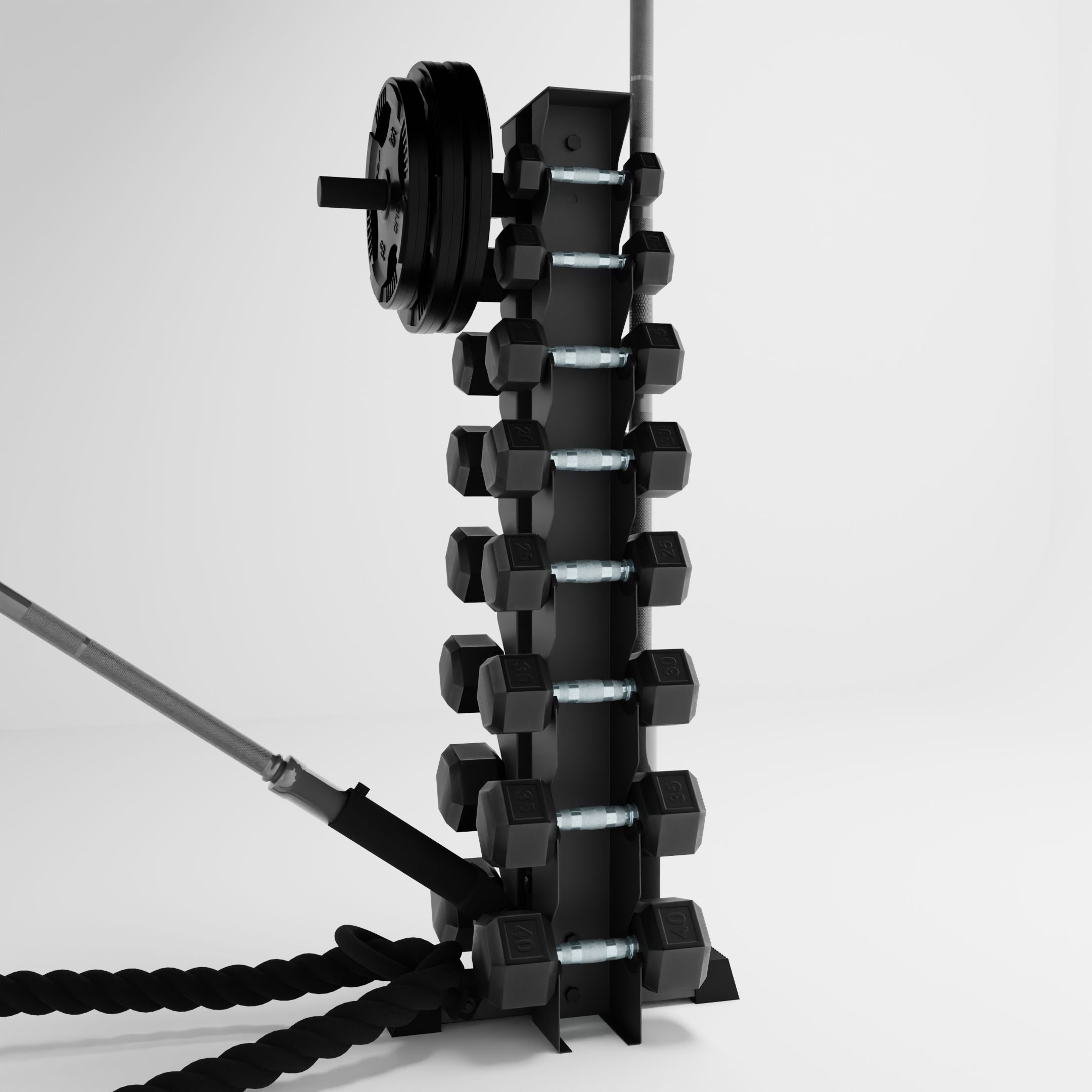 grey alpha 8-tier vertical dumbbell storage rack storing dumbbells, weight plates, barbells, and a battle rope using storage attachment accessories