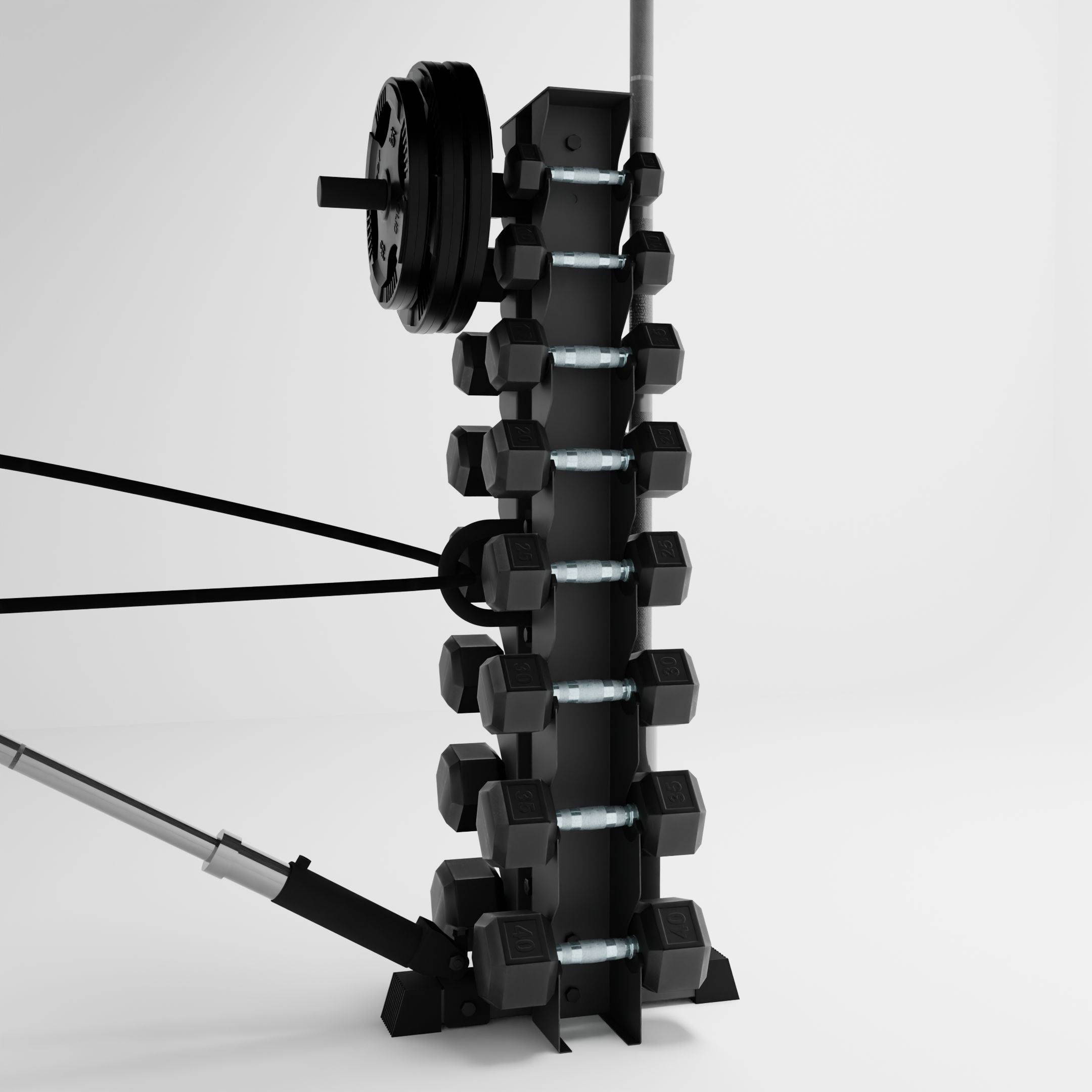 grey alpha 8-tier vertical dumbbell storage rack storing dumbbells, weight plates, barbells, and a resistance band using storage attachment accessories