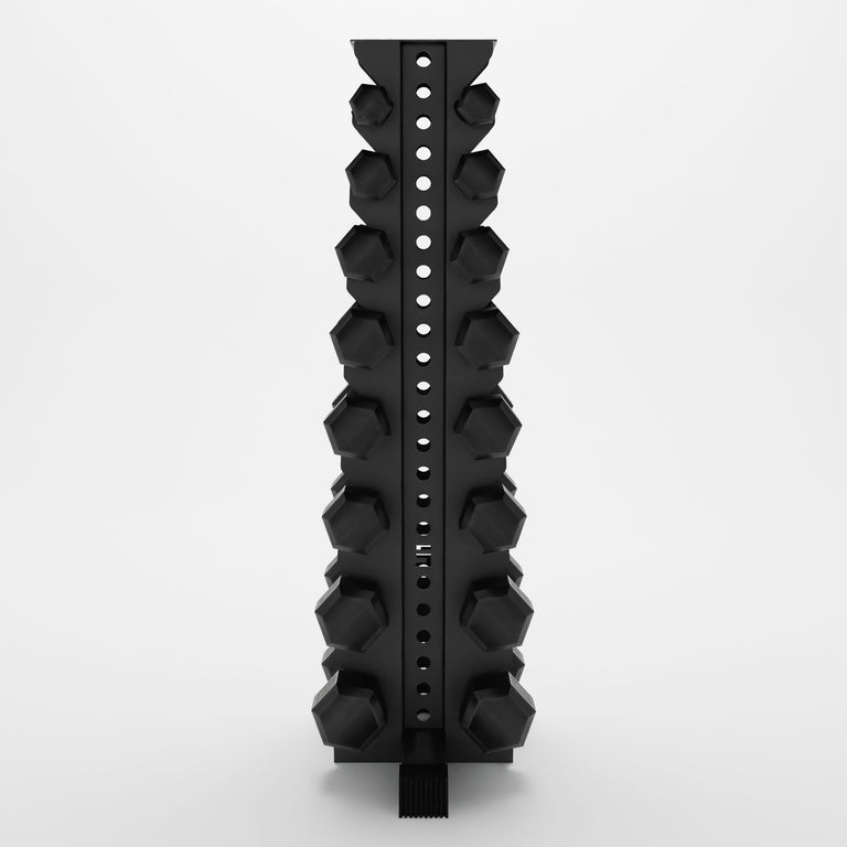 grey alpha 8-tier vertical dumbbell storage rack storing hex dumbbells