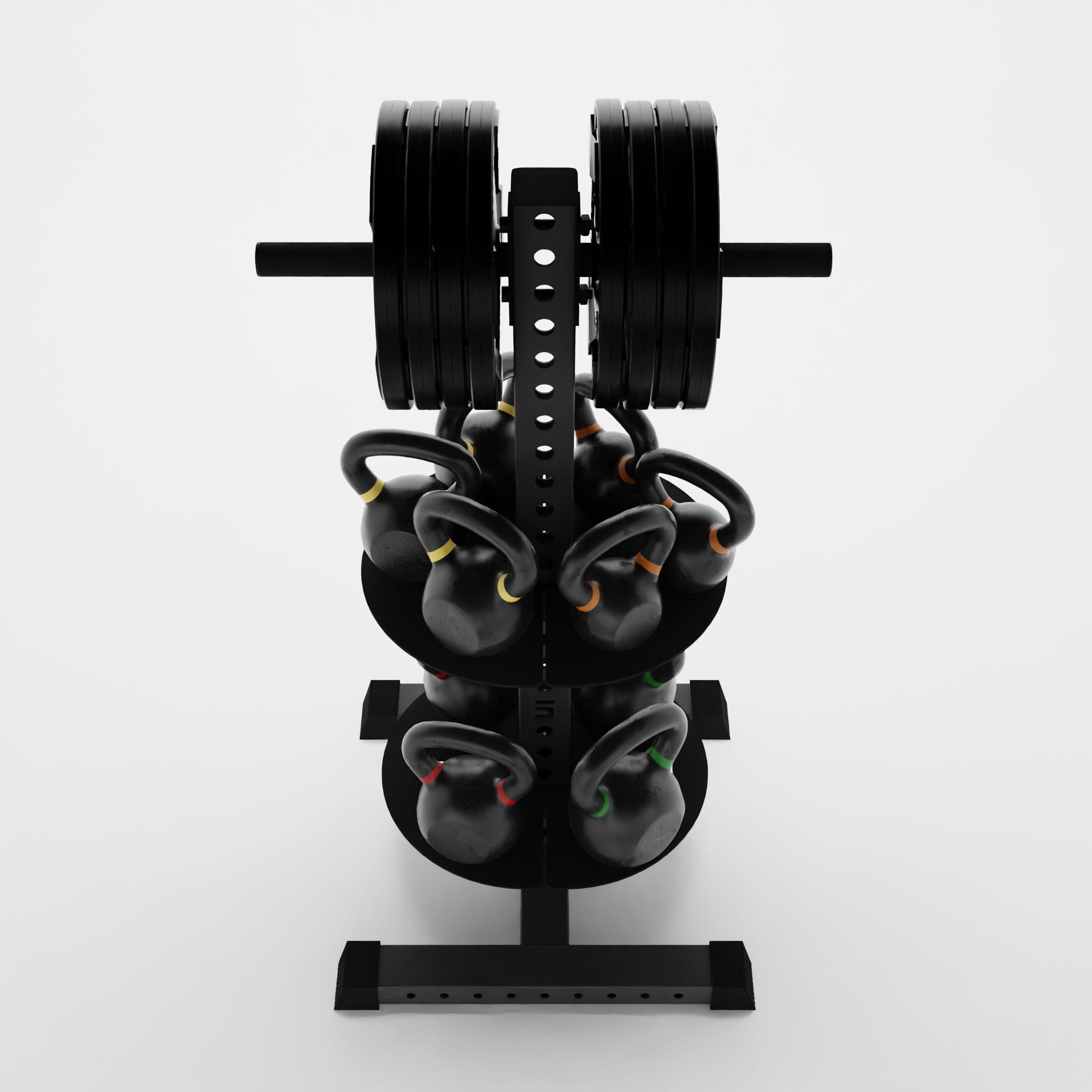 grey alpha pk vertical hybrid plate and kettlebell storage rack storing weight plates and kettlebells top view