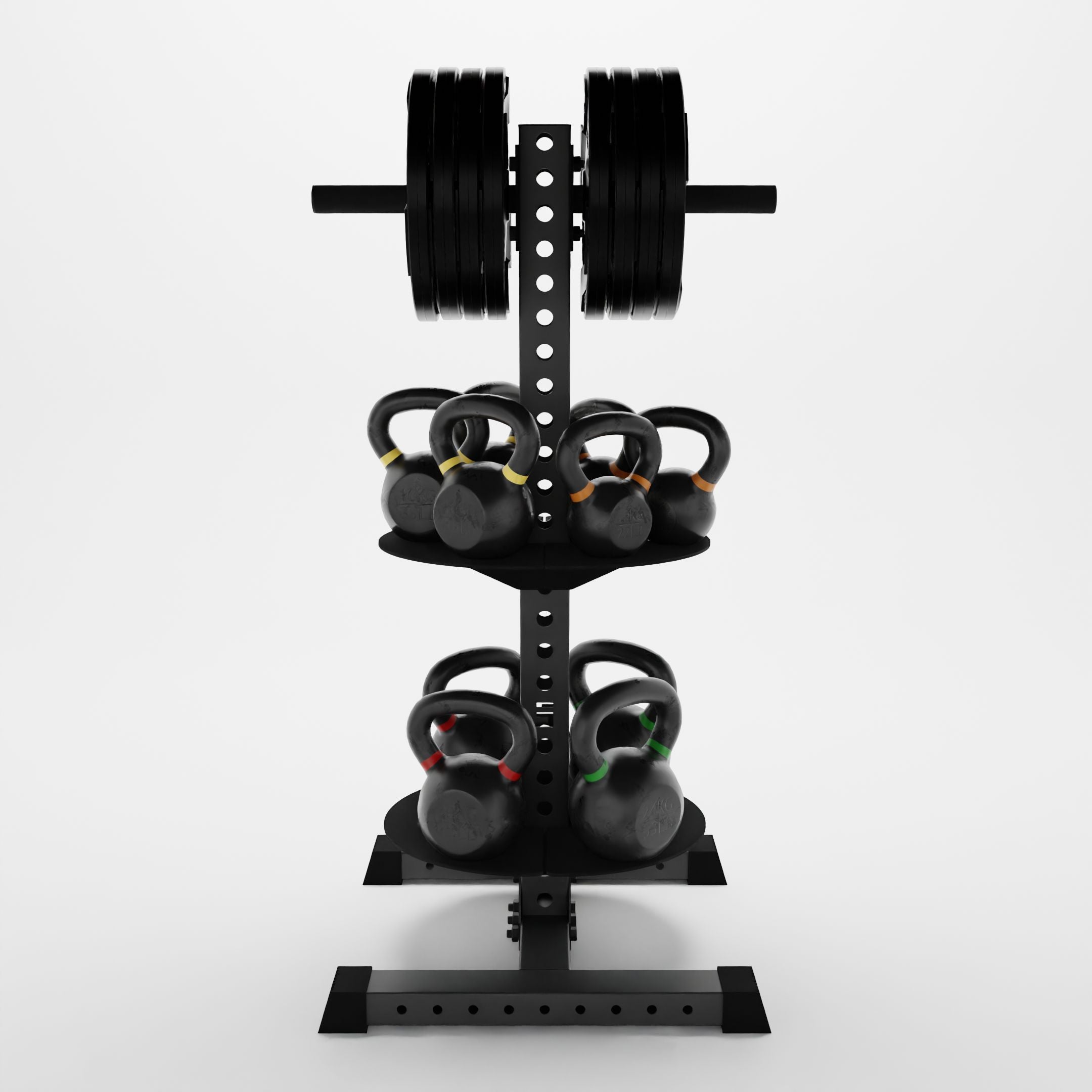 grey alpha pk vertical hybrid plate and kettlebell storage rack storing weight plates and kettlebells