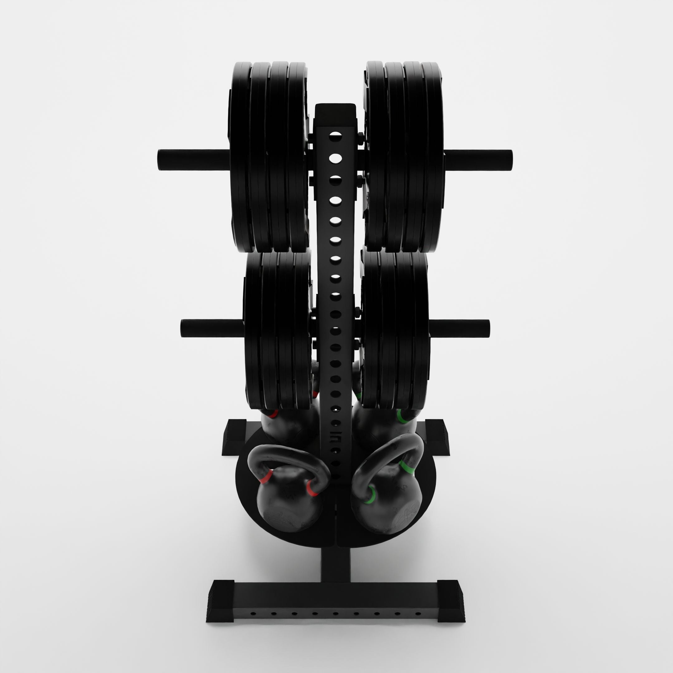 grey alpha pk vertical hybrid plate and kettlebell storage rack storing weight plates and kettlebells top view