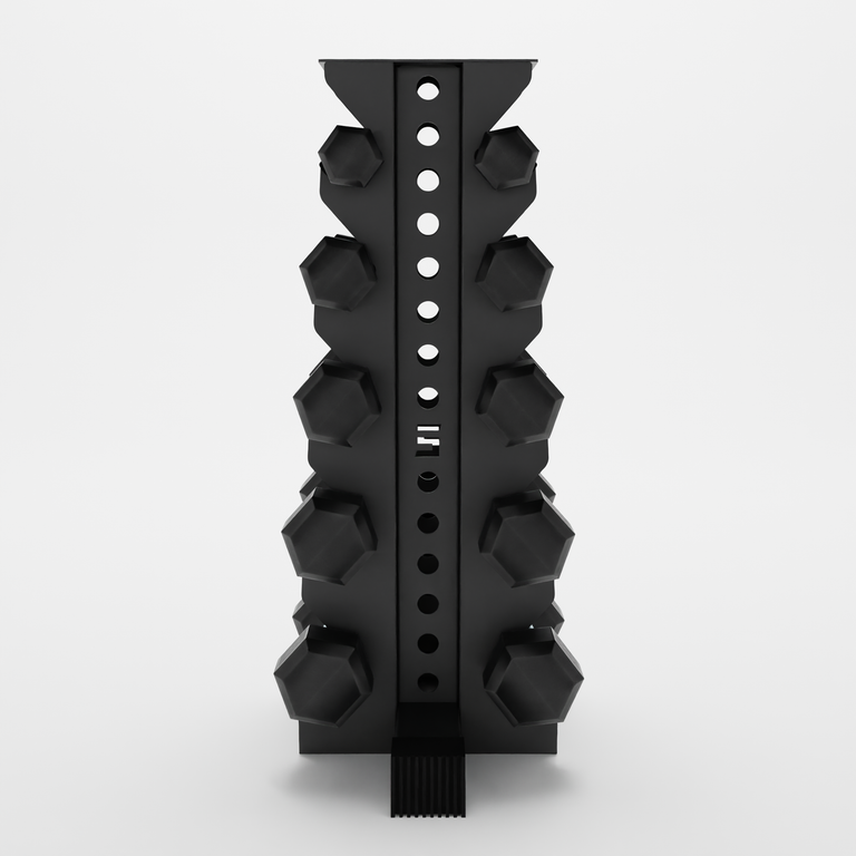 grey bravo 5-tier vertical dumbbell storage rack storing hex dumbbells