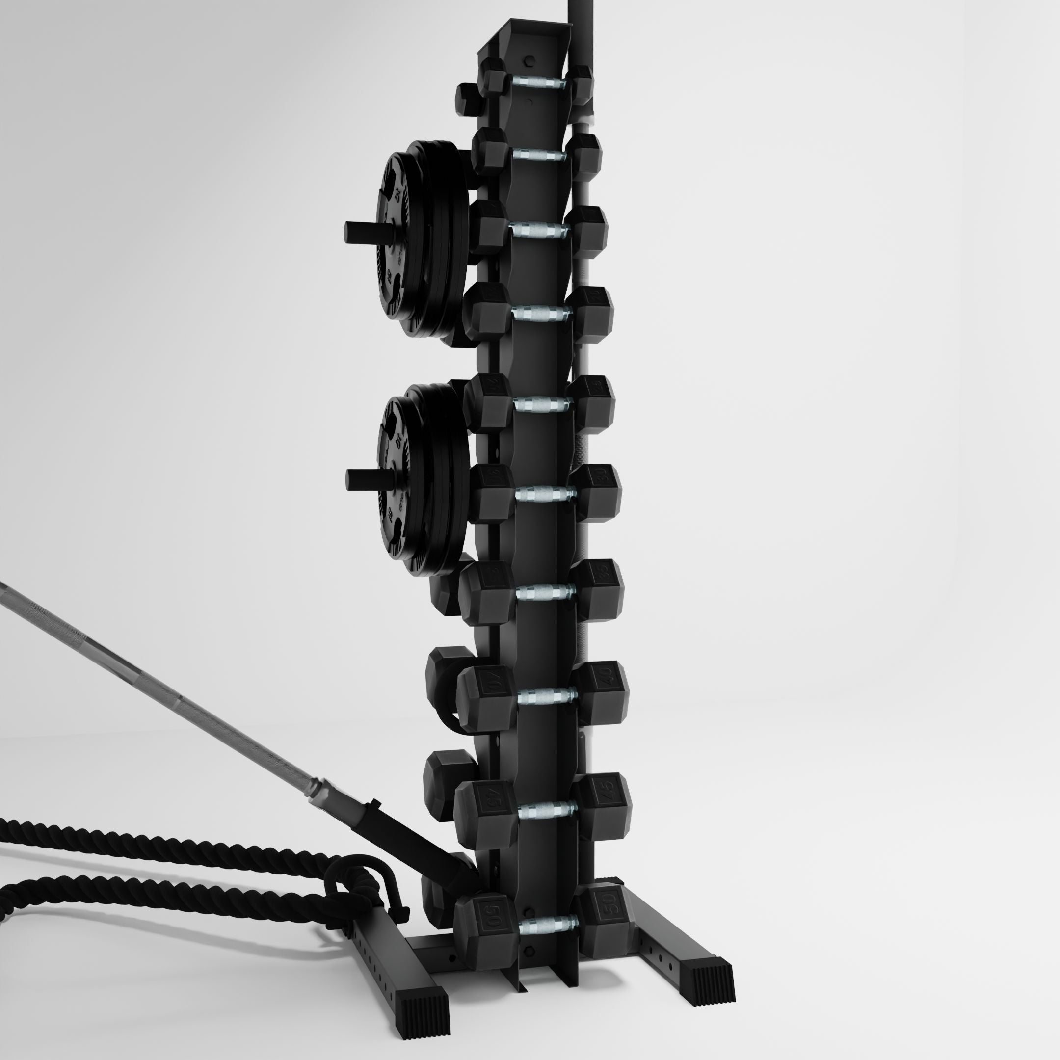 grey delta 10-tier vertical dumbbell storage rack storing dumbbells, weight plates, barbells, and a battle rope using storage attachment accessories