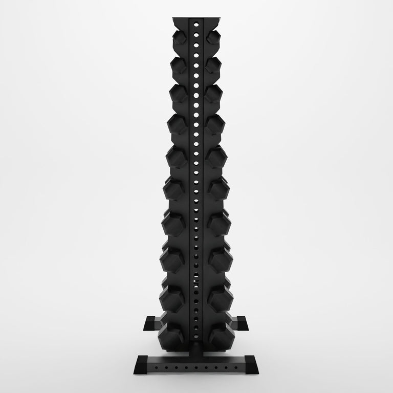 grey delta 10-tier vertical dumbbell storage rack storing hex dumbbells