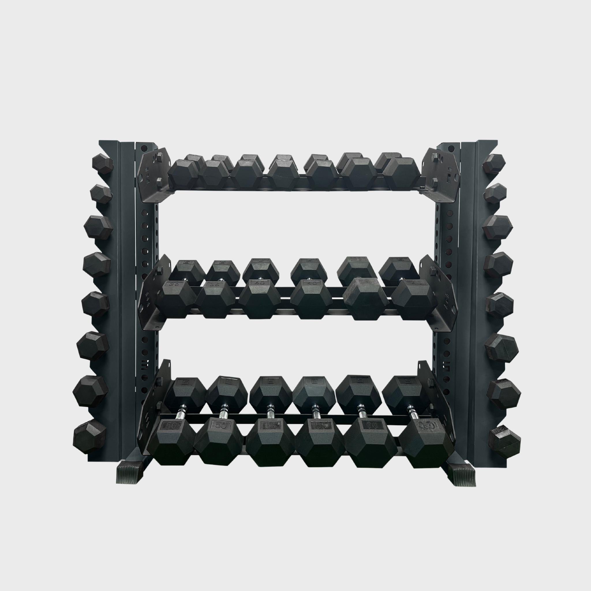 43 inch grey alpha 3-tier horizontal dumbbell rack loaded with hex dumbbells and vertical add-ons