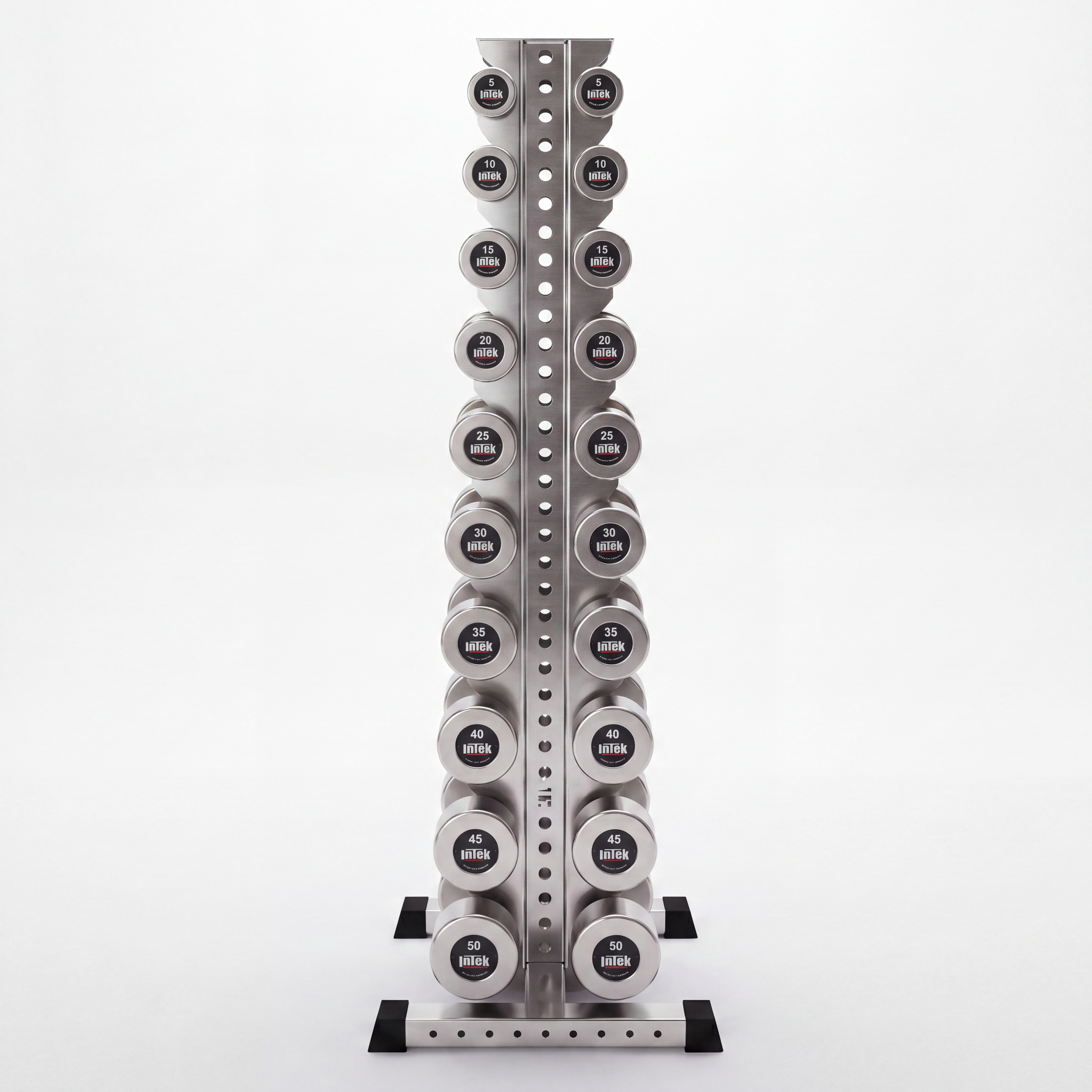 stainless steel delta 10-tier vertical dumbbell storage rack storing hex dumbbells