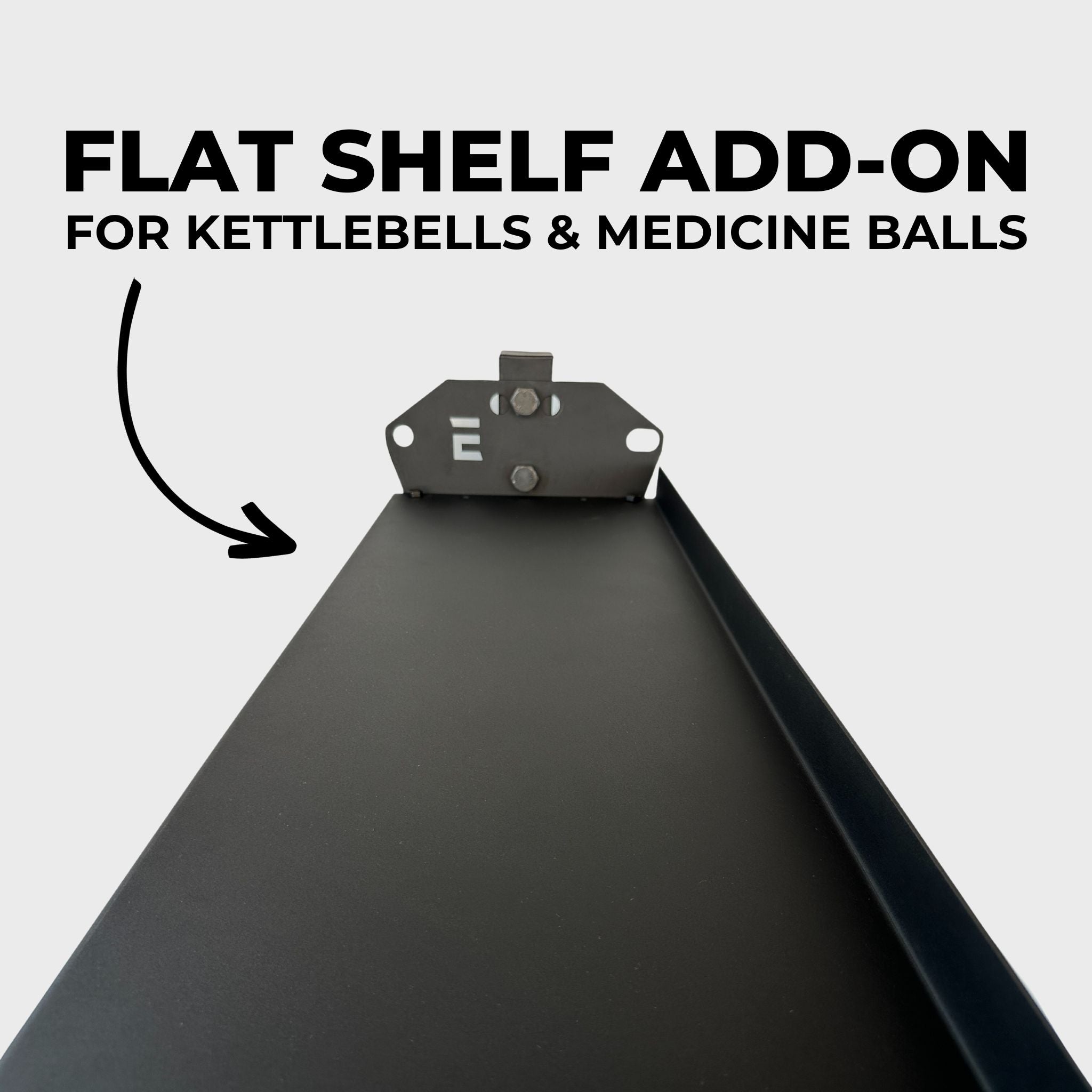 horizontal dumbbell rack flat shelf add-on with text reading "flat shelf add-on for kettlebells and medicine balls"