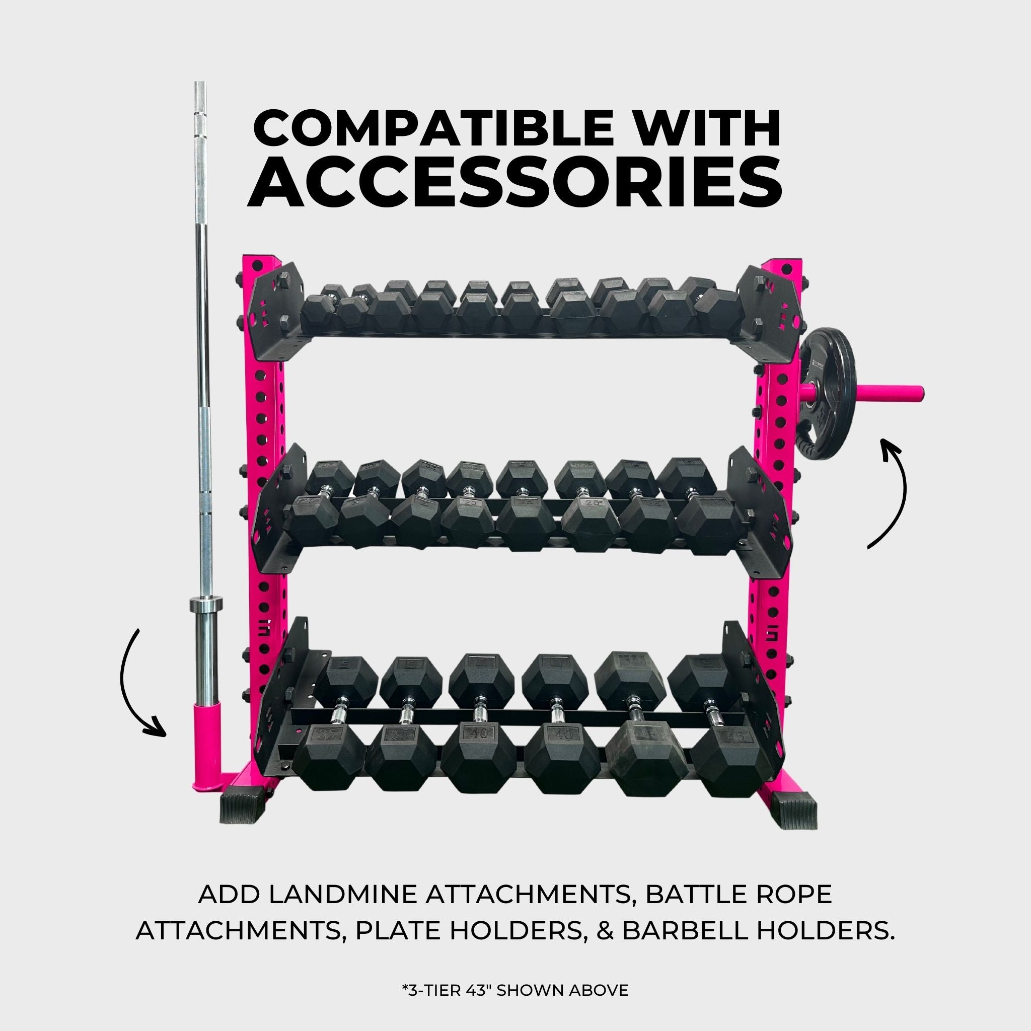 hot pink 3-tier horizontal dumbbell rack holding hex dumbbells, a barbell in a barbell holder attachment accessory, and a weight plate on a weight plate holder attachment accessory with text reading "compatible with accessories: add landmine attachments, battle rope attachments, plate holders, and barbell holders"